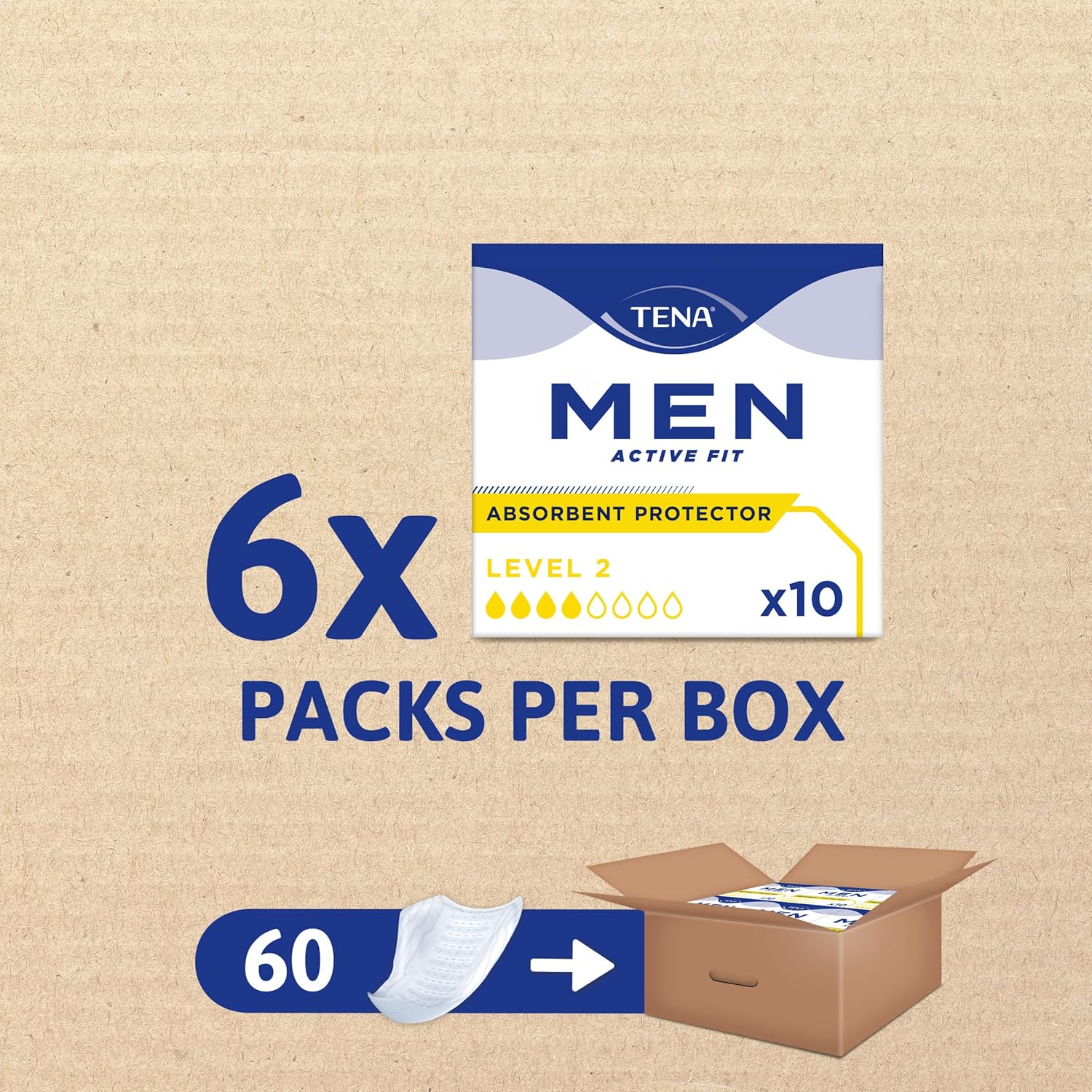 Thumbnail 1 de TENA Men Level 2 Absorbent Protector Pads – Cup-shaped, 60 pads (10 x 6 packs) for Medium Incontinence