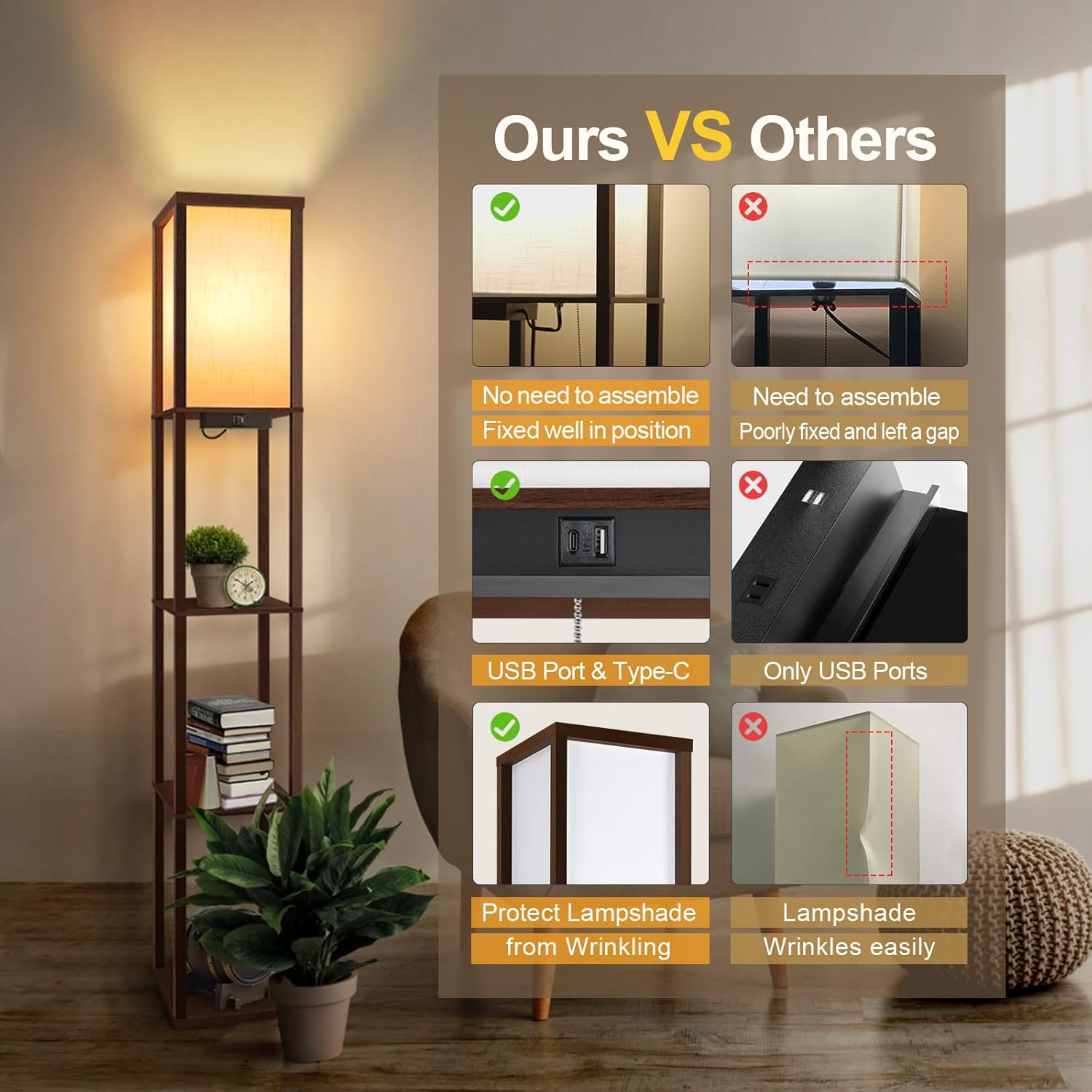 Thumbnail 2 de OUTON Floor Lamp with Shelves (Walnut Brown) – LED Column with USB & Type-C Ports, 3 Colour Temperature