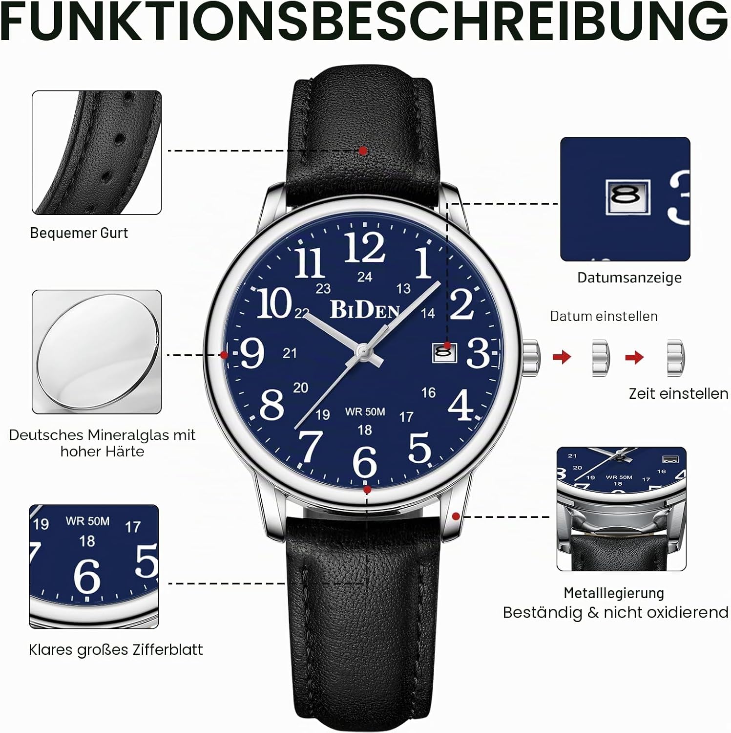 Thumbnail 6 de HANPOSH Herren Uhr – Analoguhr mit Quarzwerk, Datum, Lederband und 38 mm Gehäuse