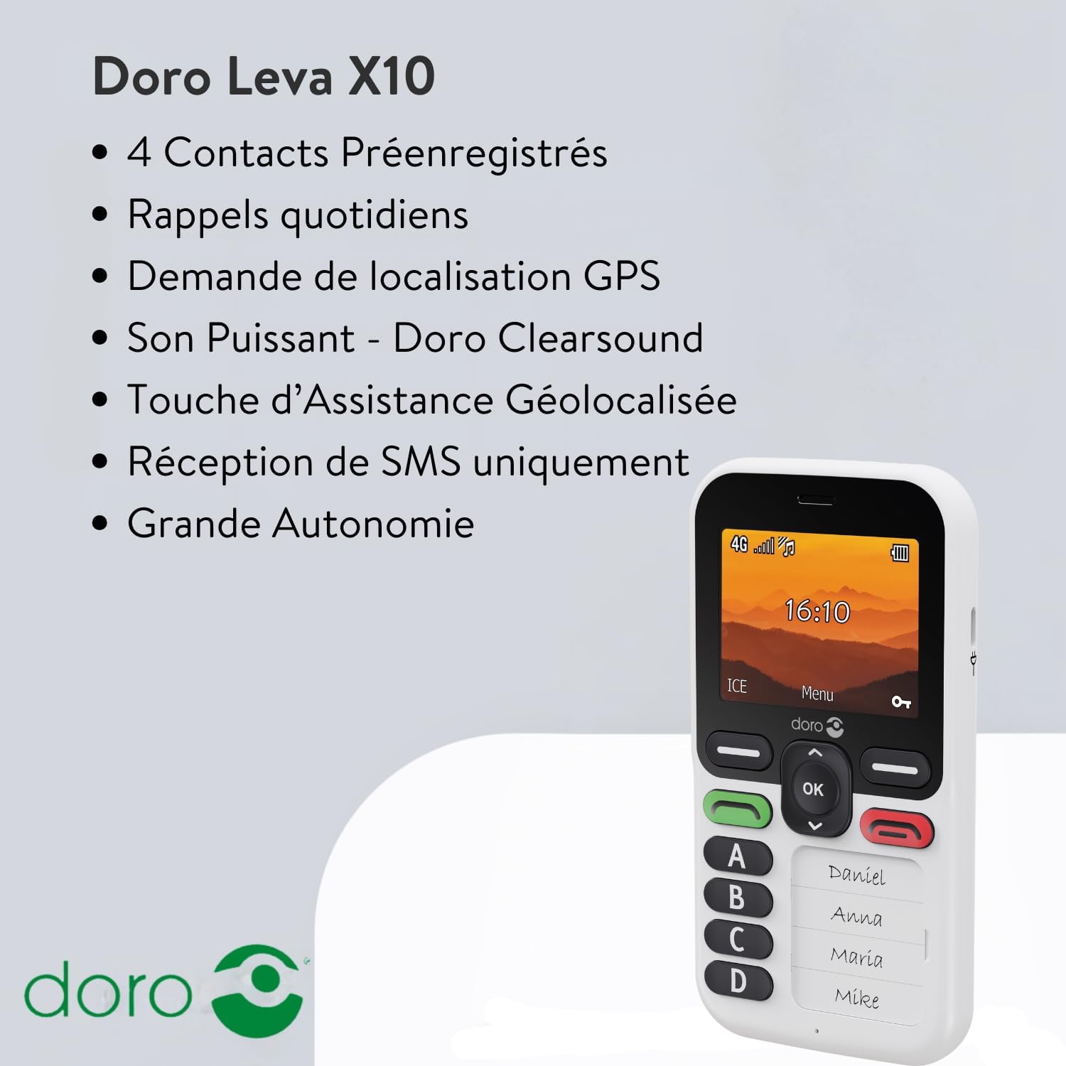 Detalle de Doro Leva X10 – Téléphone portable senior 4G débloqué avec touche d’assistance et SMS