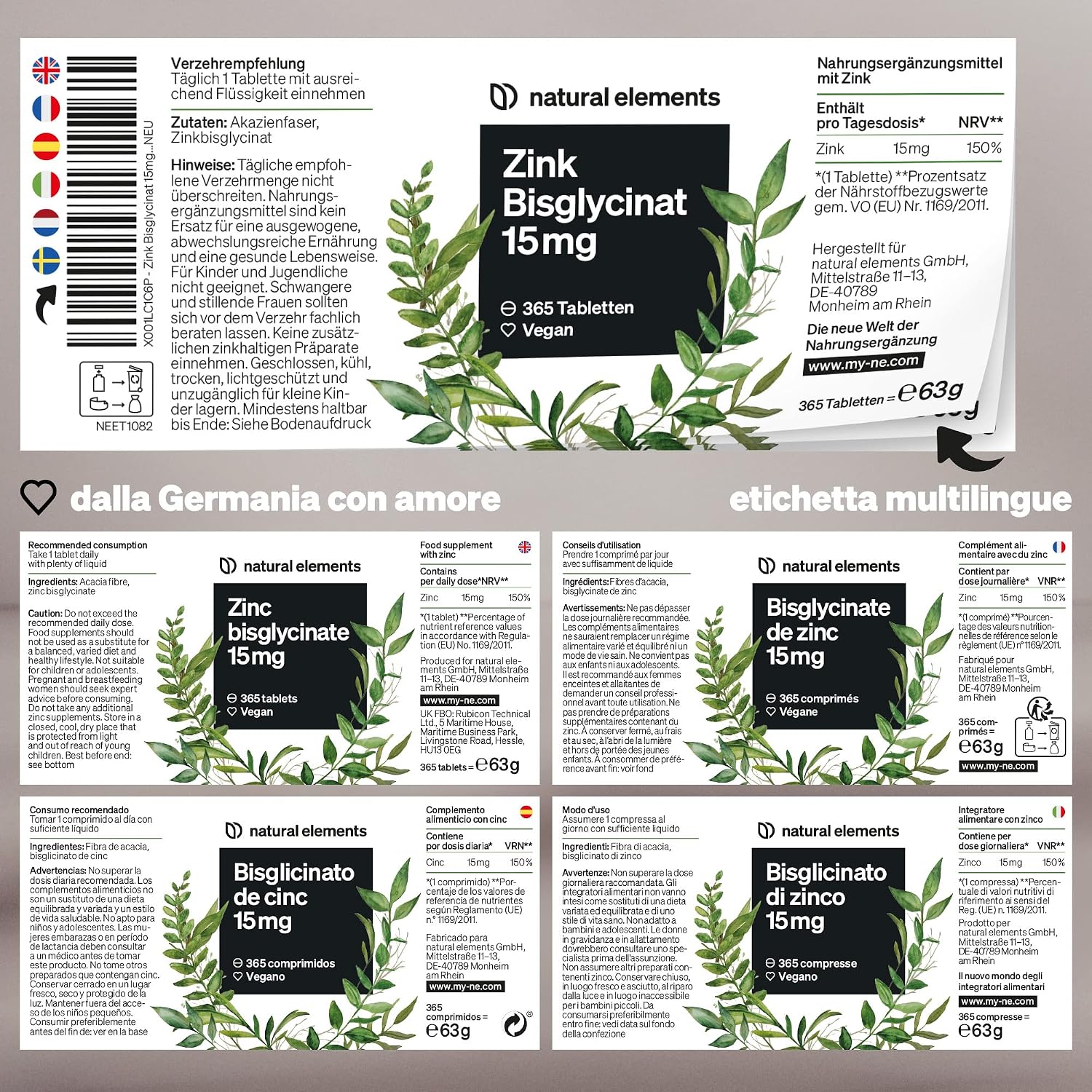 Detalle de Natural Elements Zinco Integratore – 15 mg, 365 compresse vegan per acne e brufoli (bisglicinato di zinco)