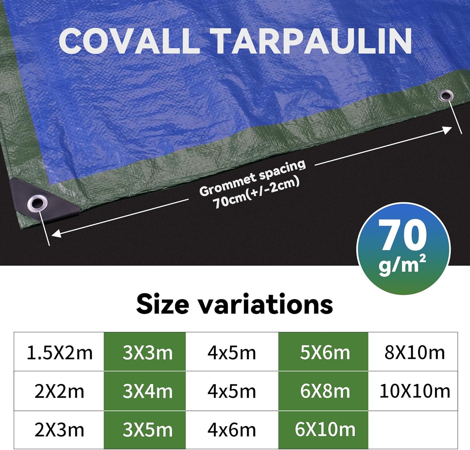 Detalle de COVALL 8x10m Waterproof Tarpaulin (70g/m²) – UV Resistant HDPE Green/Blue Double-Sided Cover