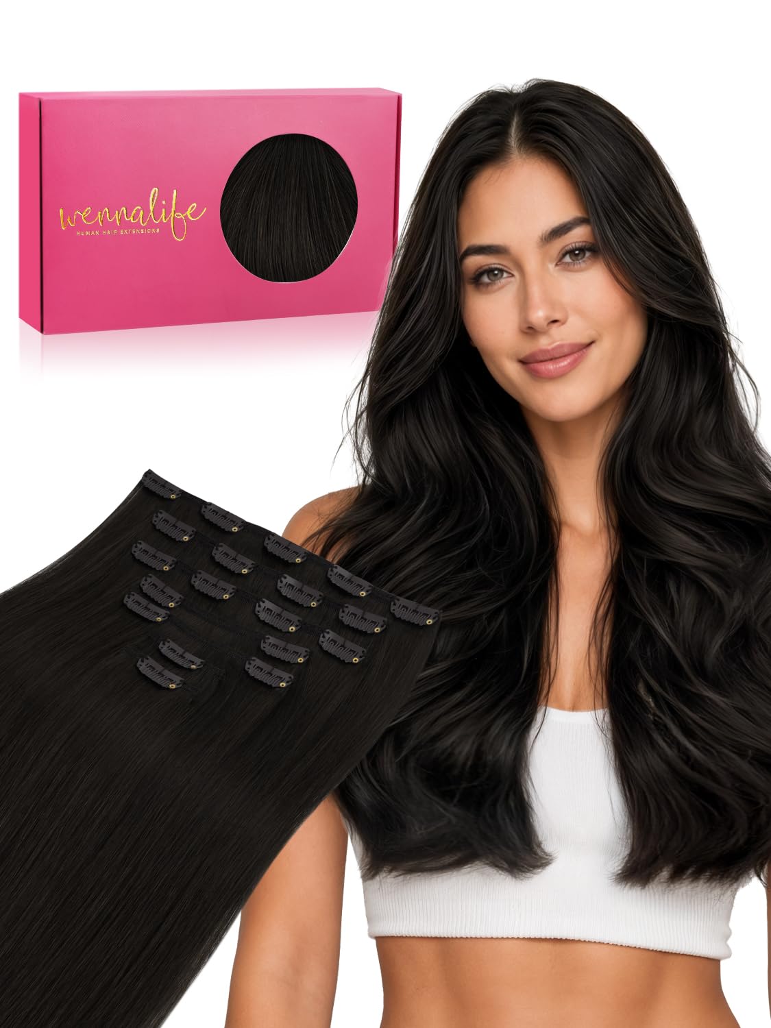 Detalle de WENNALIFE Clip-in Hair Extensions Real Human Hair | 24 Inch, 160g, 7 Pieces