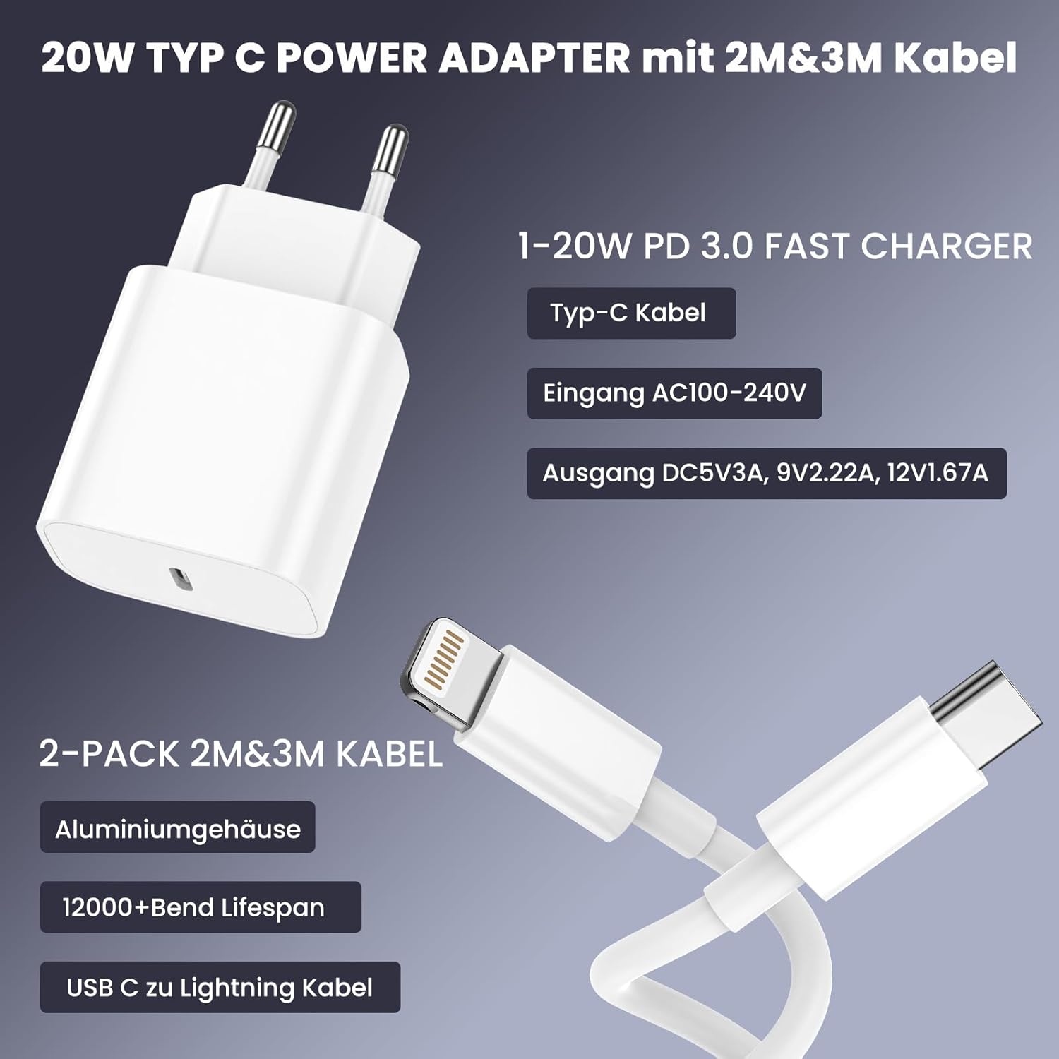 Thumbnail 2 de iPhone Ladekabel 2er-Pack – MFi-zertifiziert, USB-C auf Lightning, 2 m & 3 m