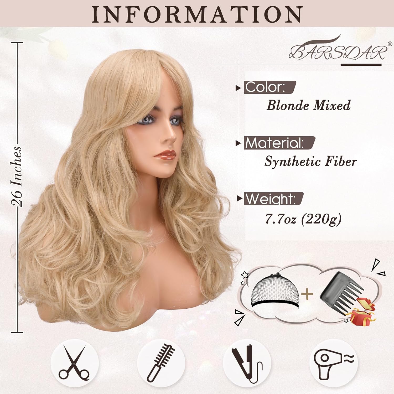 Detalle 2 de BARSDAR Long Blonde Curtain Bangs Wig — 26-Inch Soft, Wavy, Heat-Resistant Synthetic Hair