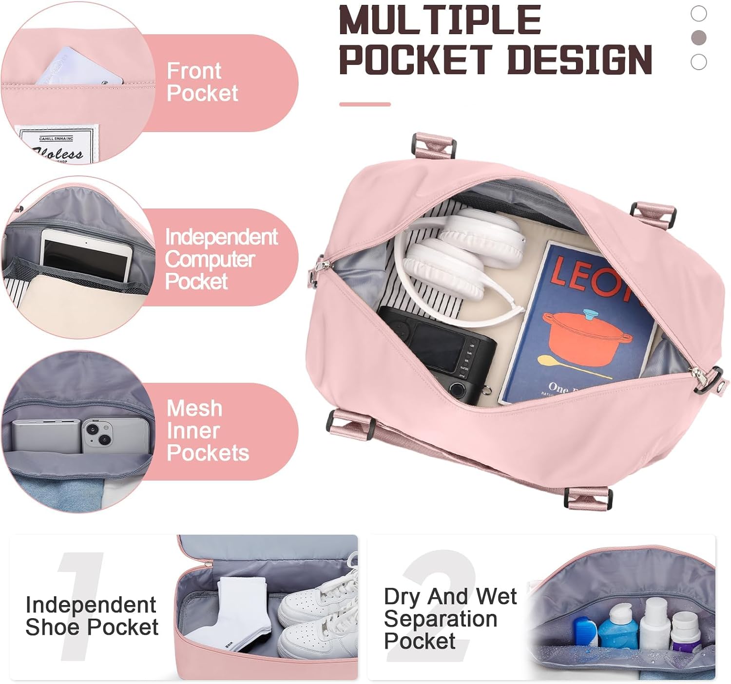 Thumbnail 3 de N3-Rosa Groß Reisetasche Damen Handgepäck Weekender Bag mit Schuhfach, Nassfach und Trolley-Hülle (50 l)