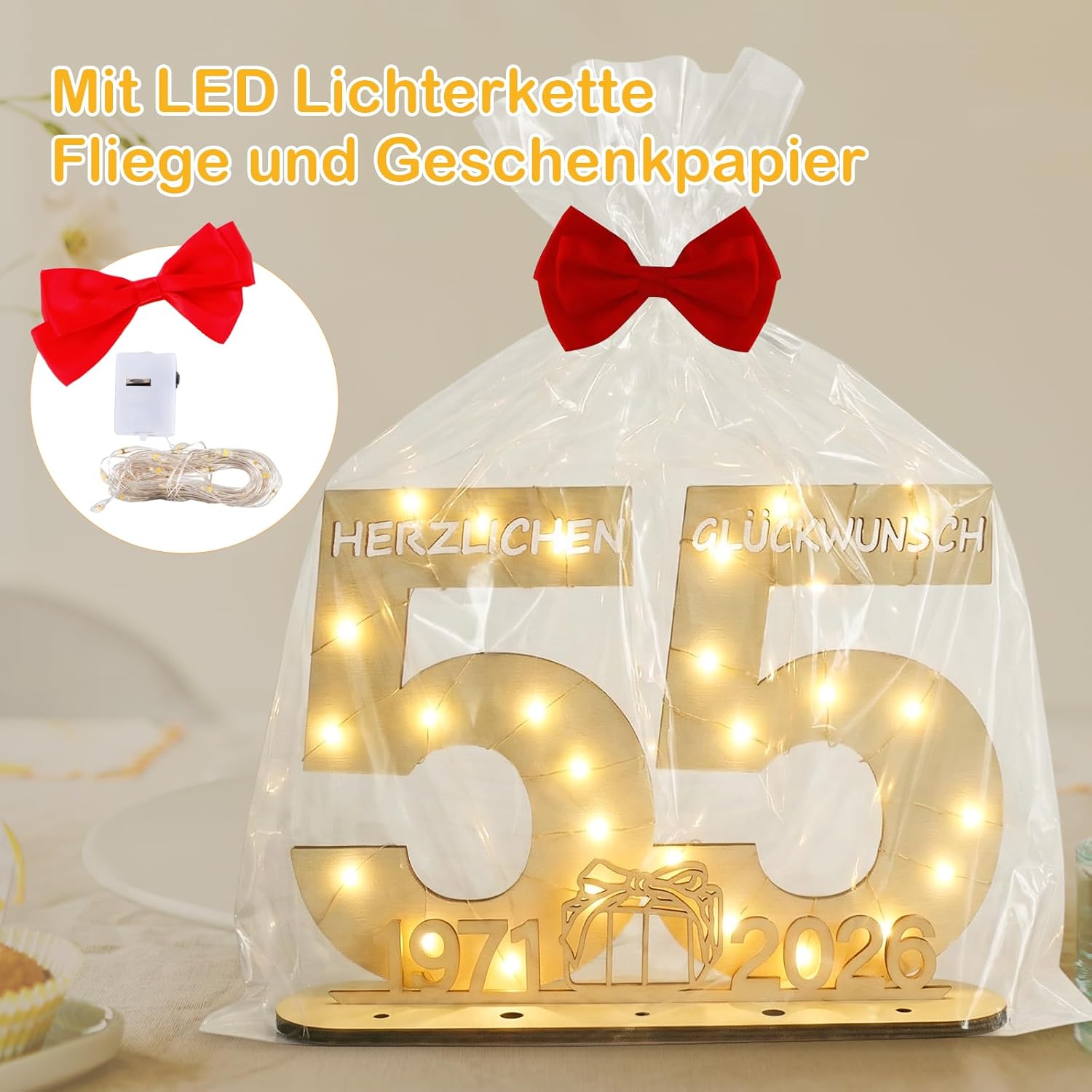 Thumbnail 5 de Seutgjie Geschenk zum 55. Geburtstag mit LED-Lichterkette, Holz-Schild & Geldgeschenk (29x21 cm)