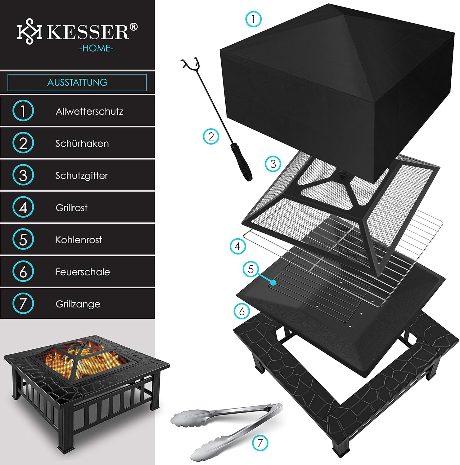 Thumbnail 1 de KESSER Feuerstelle mit Grillrost & Grillzange (82×82×50 cm) – 3in1 Fire Pit für Garten, Terrasse & Grillabend