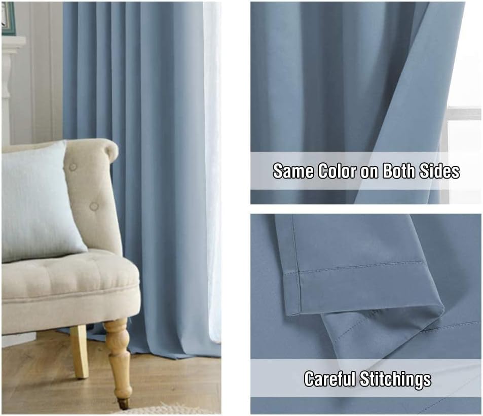 Thumbnail 5 de BellaHills Blackout Thermal Pencil Pleat Curtains (2 Panels) for Large Windows, Stone Blue