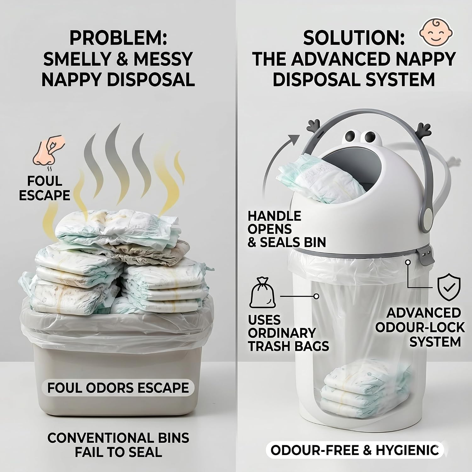 Detalle de P@B PBell Grey Frog Diaper Pail, 15 L, Any Standard Bag, Lockable