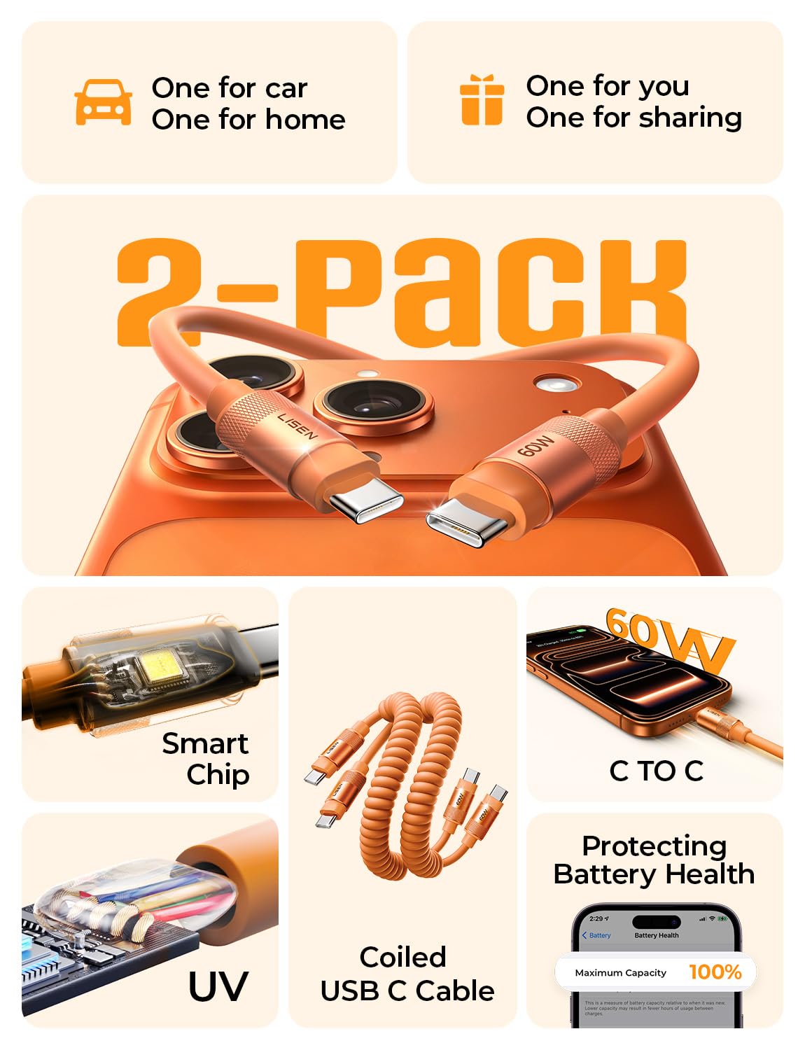 Thumbnail 1 de LISEN Coiled USB-C to USB-C Cable 60W (2 Pack) – Orange, Fast Charging