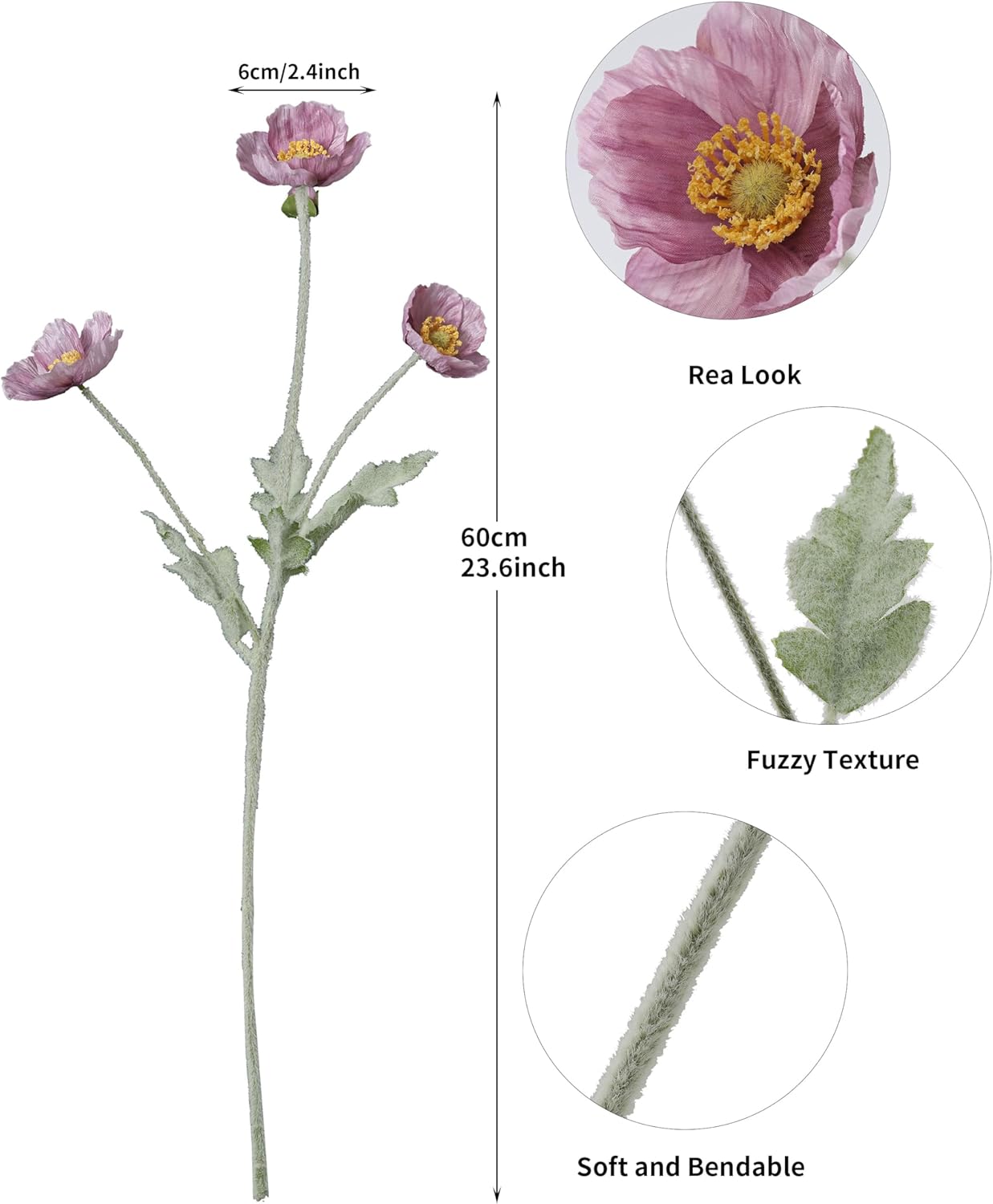 Thumbnail 1 de DuHouse 6 Pcs Artificial Poppies Flowers – Silk Poppy Arrangements for Home, Office and Events (Light Purple)