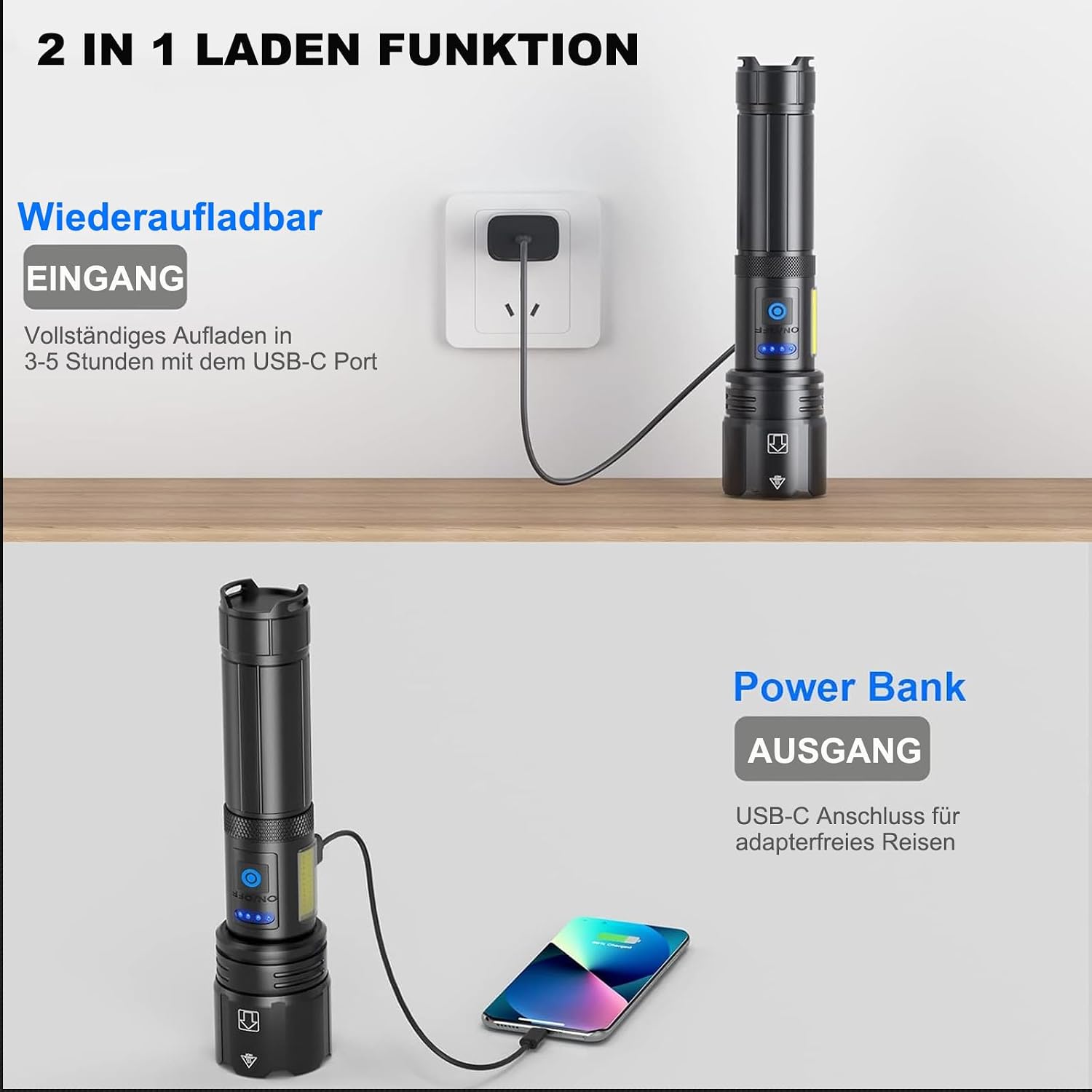 Detalle de ZEUSFIRE Taschenlampe LED aufladbar mit USB, 7 Lichtmodi & IPX7 – für Camping, Wandern und Outdoor