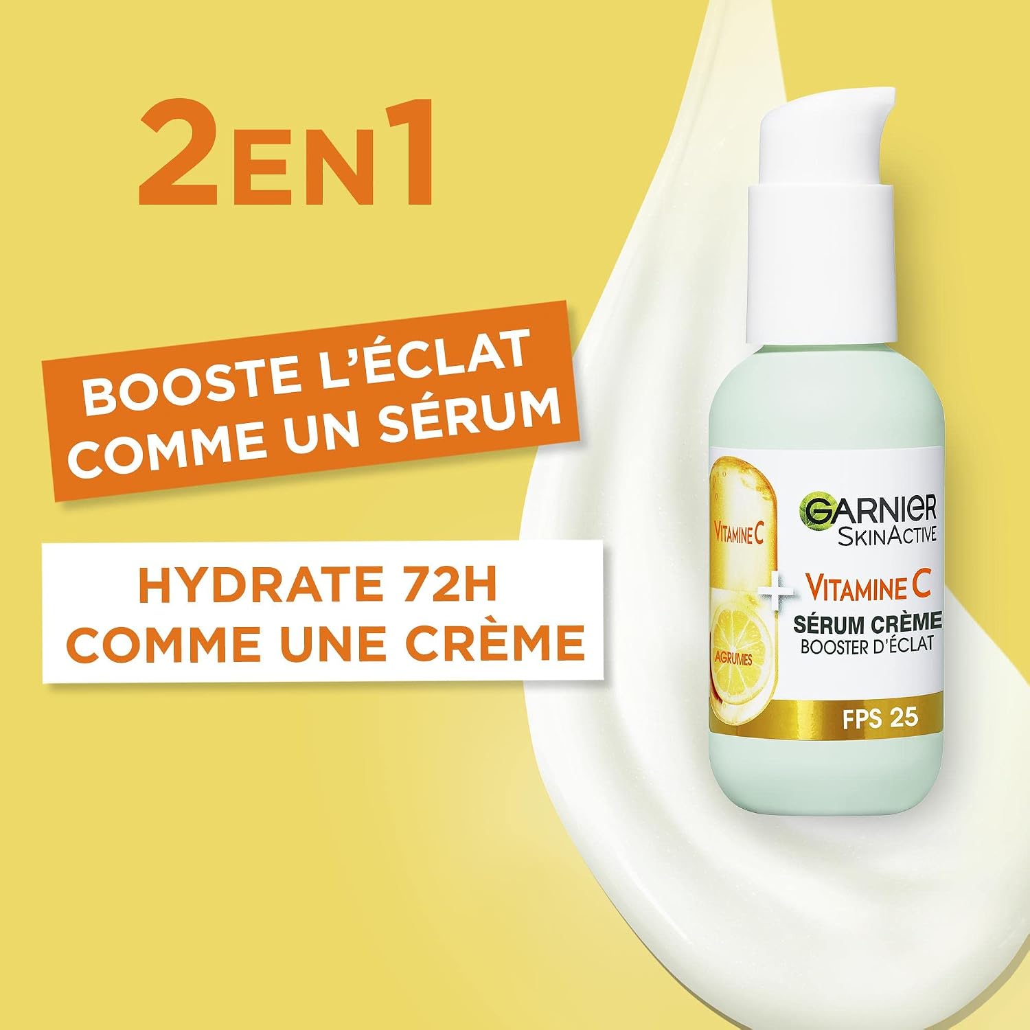 Detalle de GARNIER Skin Active Sérum Crème Booster d'Éclat 2-En-1 – Hydratation 72h, FPS 25, Vitamine C & Agrumes – Vegan & Cruelty Free