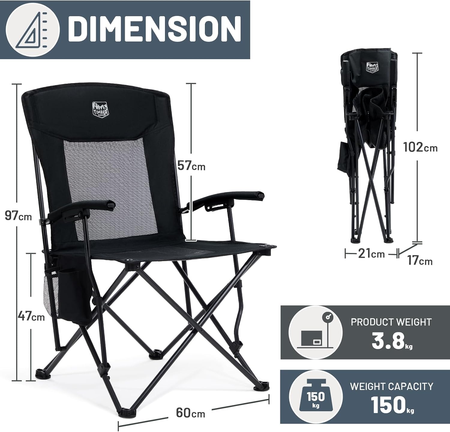 Thumbnail 2 de TIMBER RIDGE Folding Camping Chair for Adults (Heavy Duty, 150kg) with High Back & Mesh Back, Black