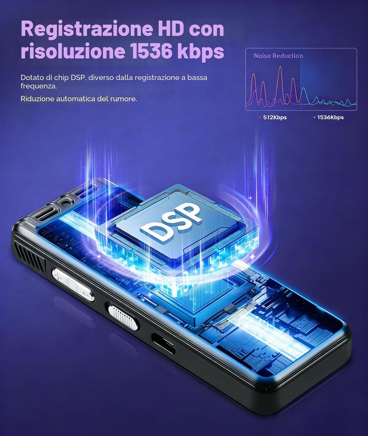 Detalle de NekSide Registratore vocale digitale 32 GB con One-Touch e Dual MIC: qualità e praticità per conferenze e interviste