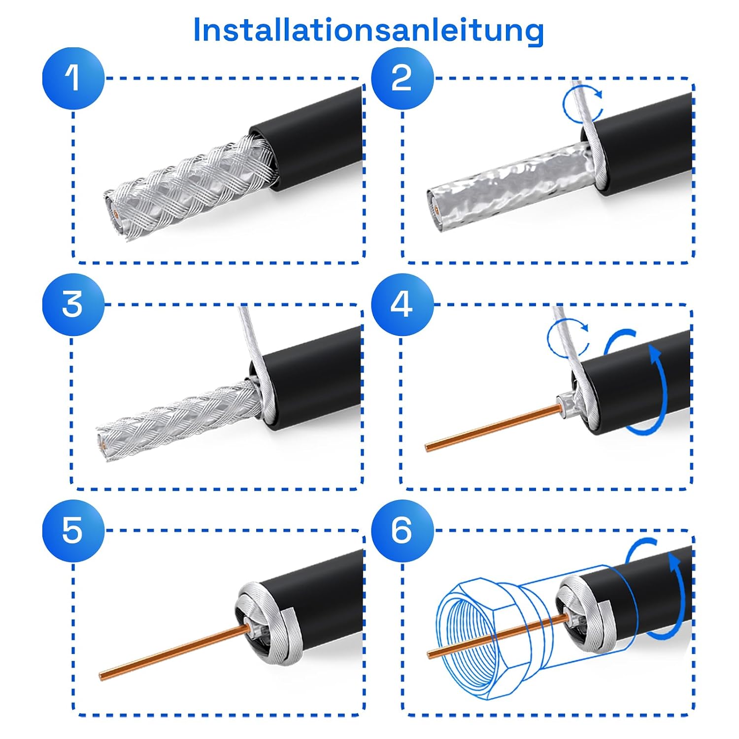 Detalle de HB-DIGITAL 20m SAT Koaxialkabel 135 dB Schirmung – 8K/4K UHD, 4-Fach geschirmt, inkl. F-Stecker