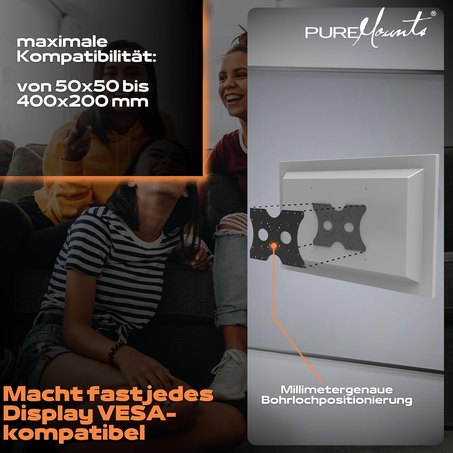 Detalle de PureMounts Adaptateur Vesa — Plaque d’adaptation universelle 50x50 à 400x200 mm (Noir)