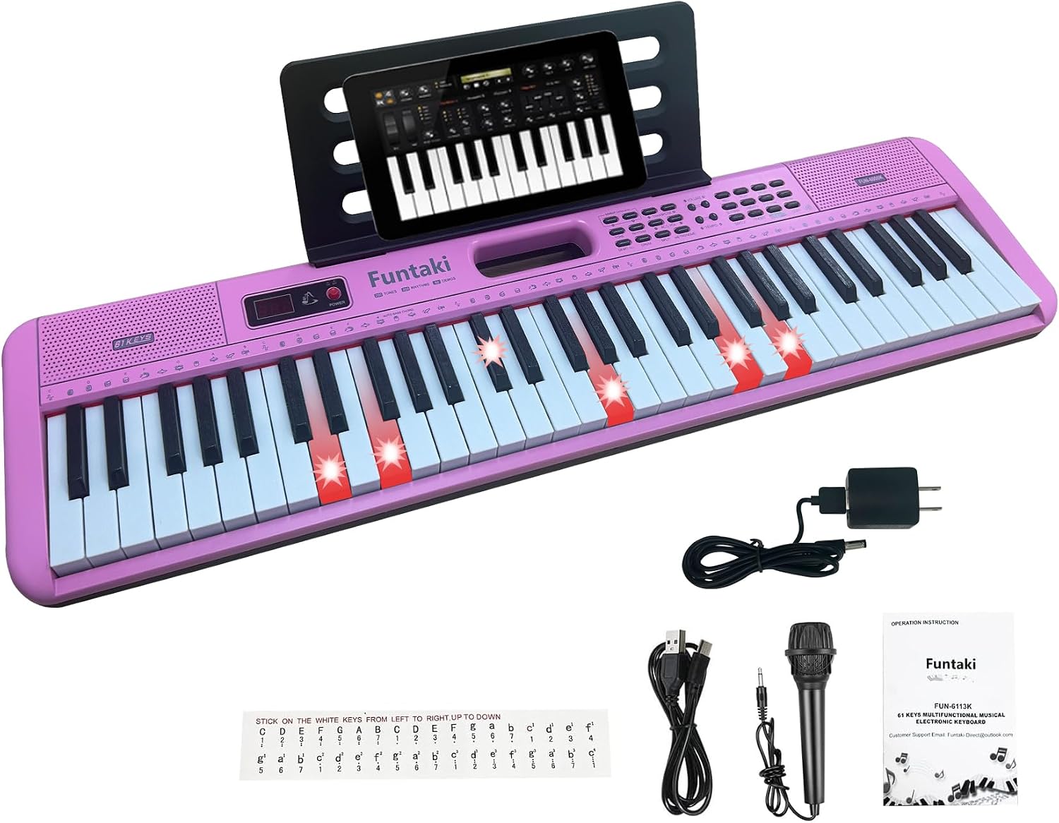 Detalle de Funtaki FUN-6000K keyboard med 61 belysta tangenter och undervisningslägen, ljusrosa