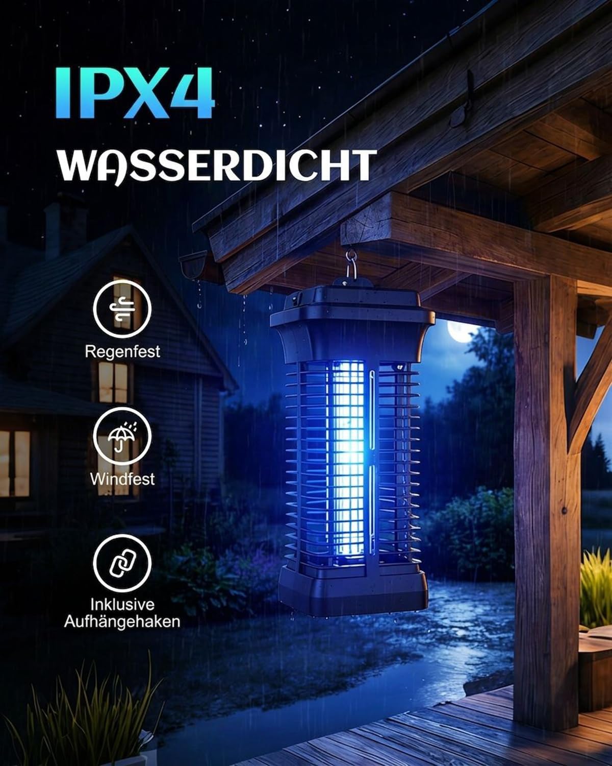 Detalle 2 de Molxss Insektenvernichter Elektrisch 4200V – Innen & Außen, UV Mückenlampe, IPX4