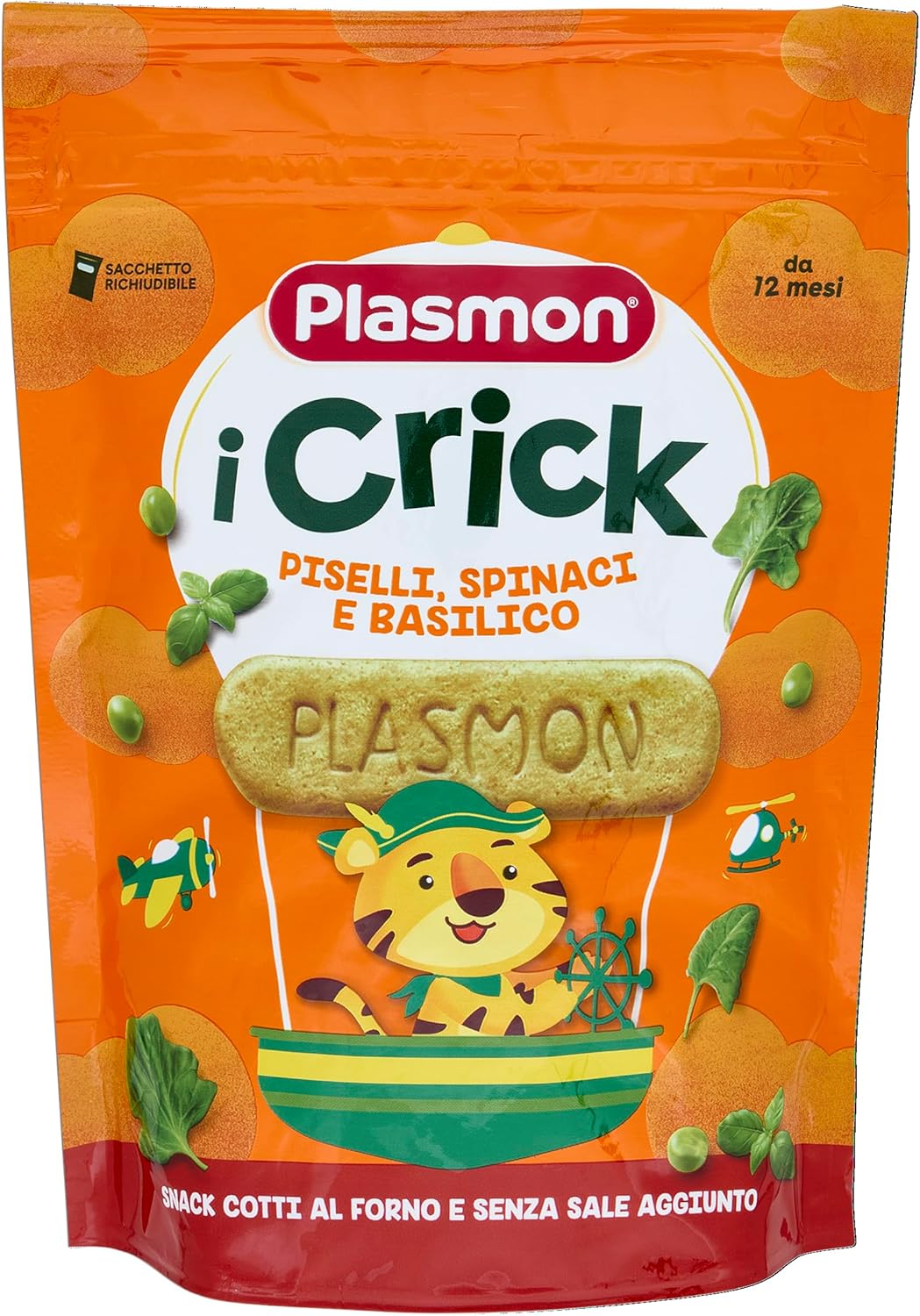 Plasmon Crick Piselli Spinaci Basilico 6x100 g: snack al forno per bebè, pratico e senza sale aggiunto