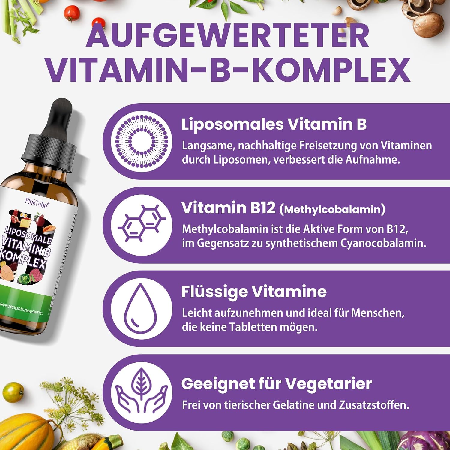 Detalle de Liposome B-Komplex Tropfen 60 ml – Hochdosiert, vegan, ohne Zusatzstoffe