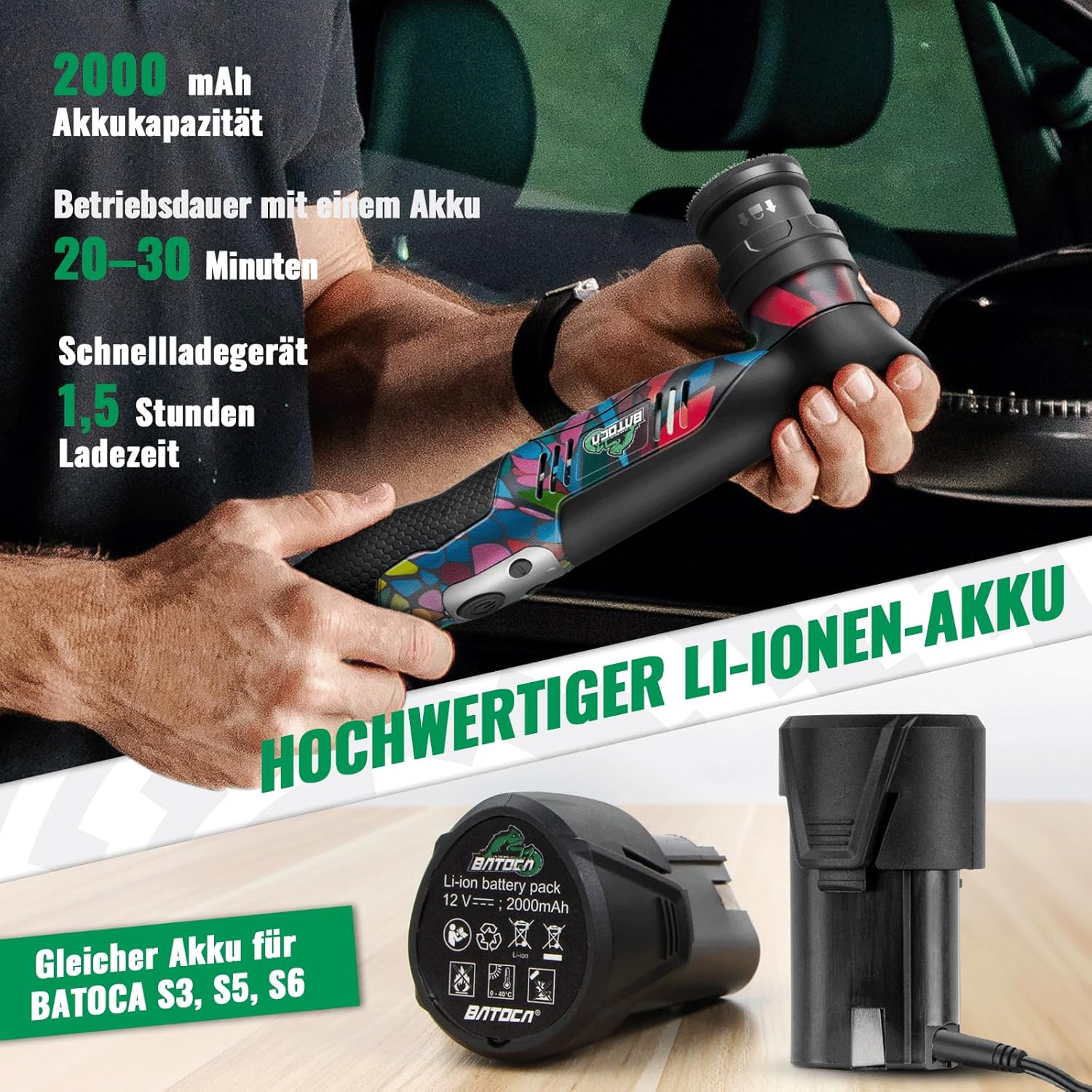 Detalle de BATOCA S5 Akku Mini-Poliermaschine – Rotations- und Exzentersystem mit 2 Akkus und 25/50/75 mm Pads