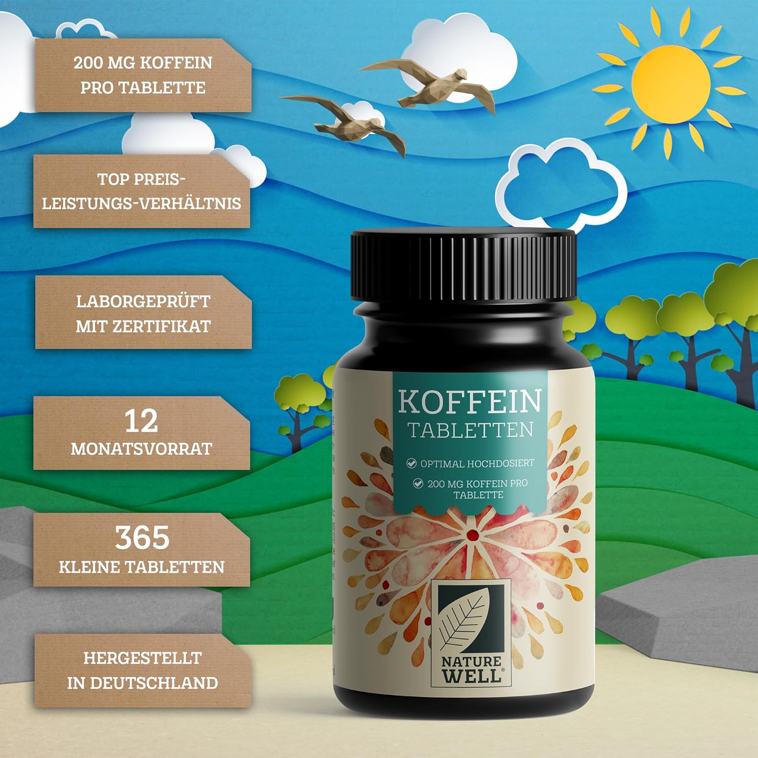 Thumbnail 1 de Koffeintabletten 365x – 200 mg Koffein pro Tablette (Vorrat für 365 Tage) – 100% vegan