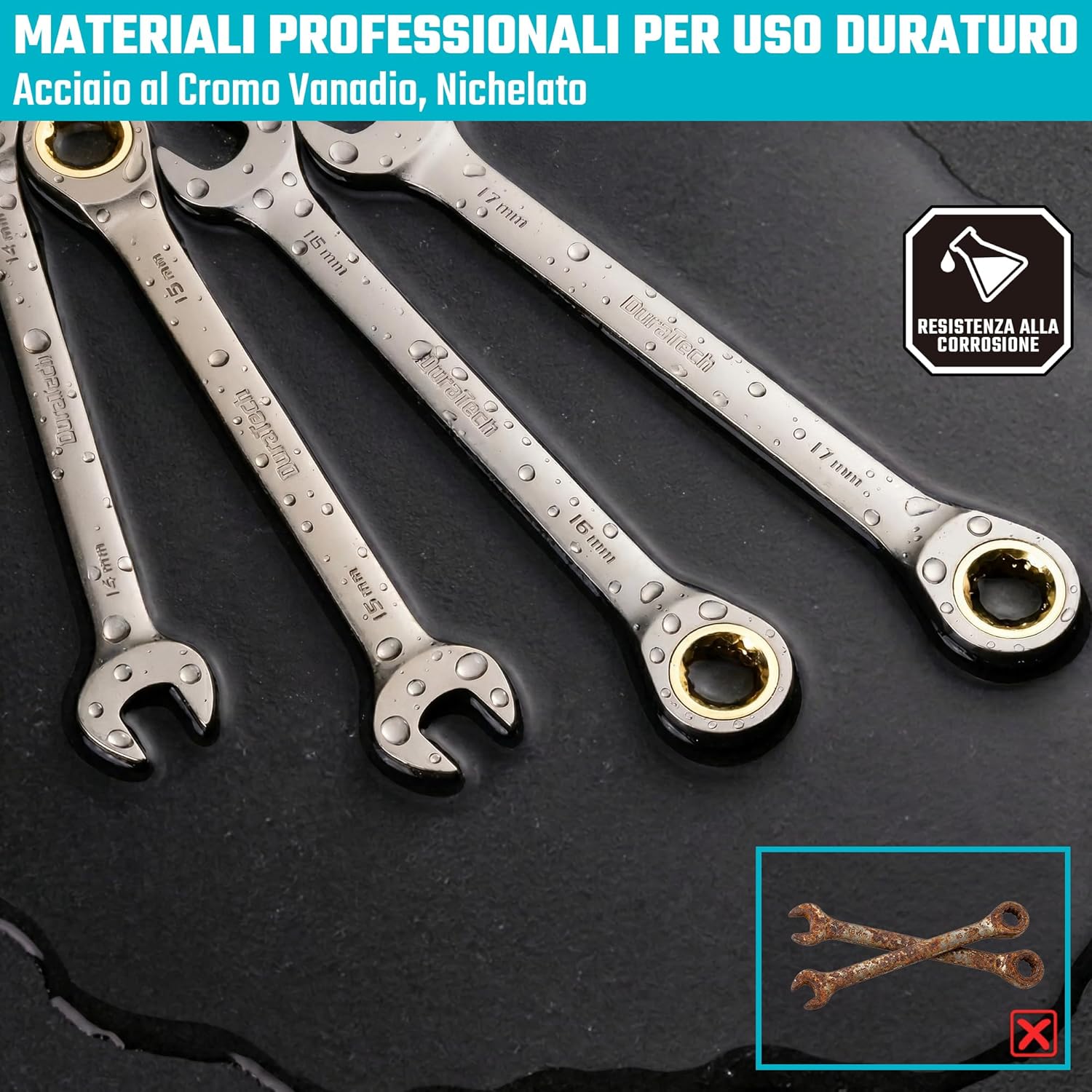 Detalle 2 de DURATECH set di chiavi combinate a cricchetto antiscivolo 10 pezzi 6-18 mm (72 denti) in CR-V con custodia