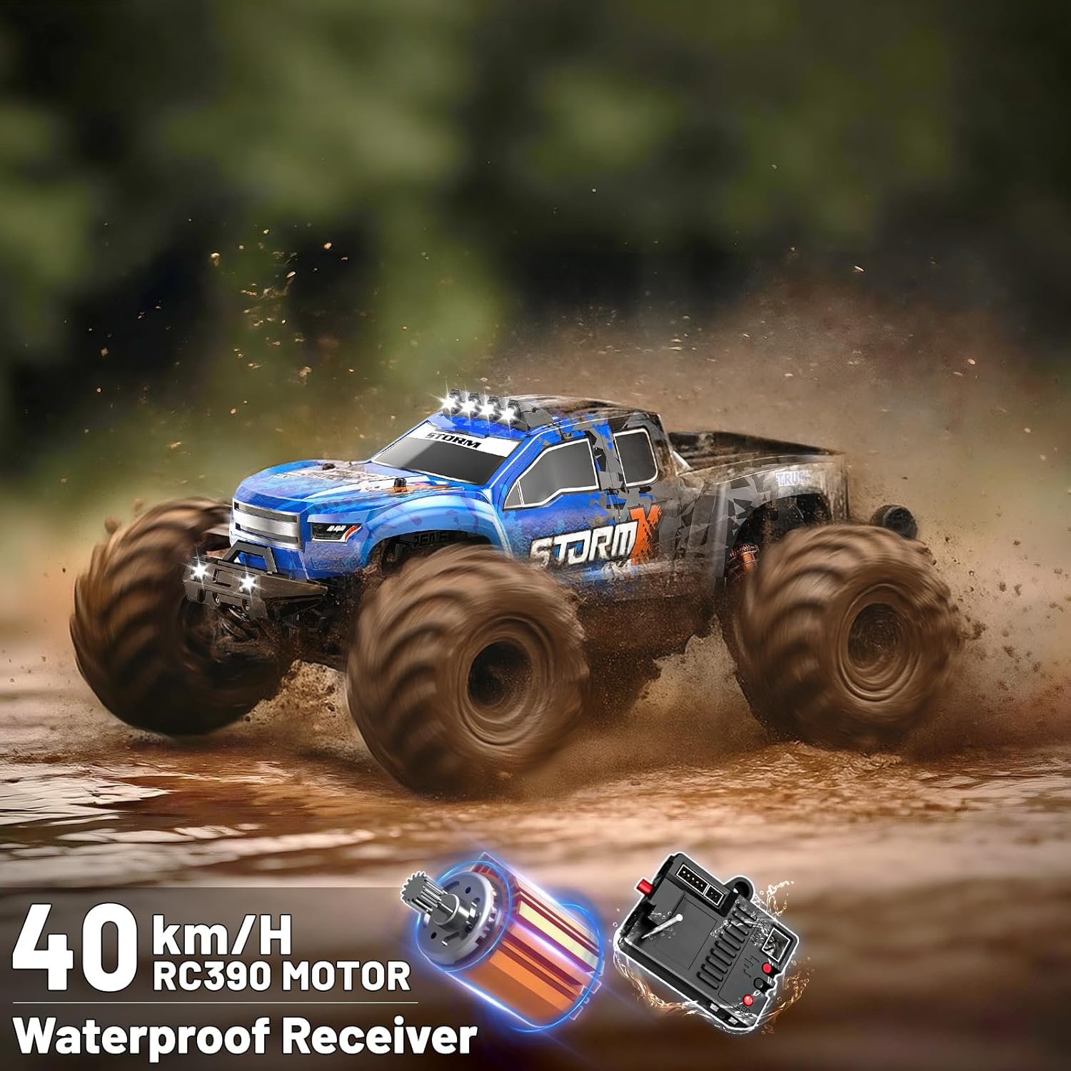 Thumbnail 1 de 1:14 Ferngesteuertes 4WD Monstertruck RC-Auto (bis 40 km/h) mit 2×1300mAh, 2,4GHz & LED-Scheinwerfern – RTR