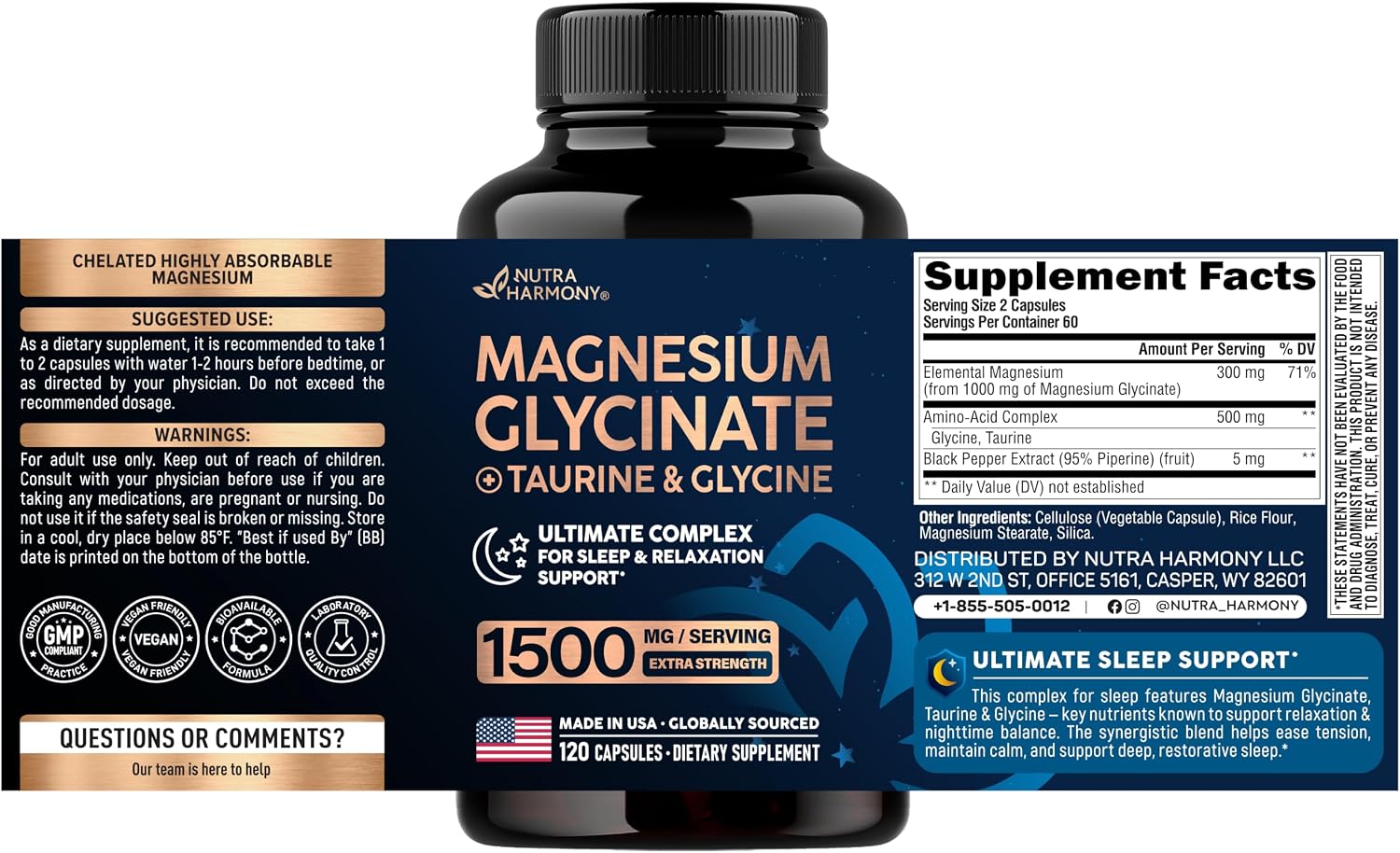 Detalle 2 de NUTRAHARMONY NH-MGGLCFSCPS120 Magnesium Glycinate Sleep Supplement, 120 Capsules