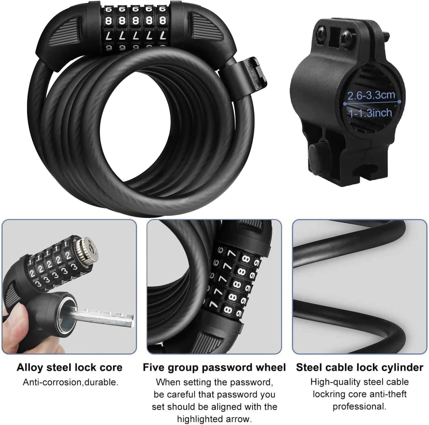 Detalle de Bike Lock Cable Bicycle Lock – resettable 5-digit high-security combination lock (1500mm x 12mm)
