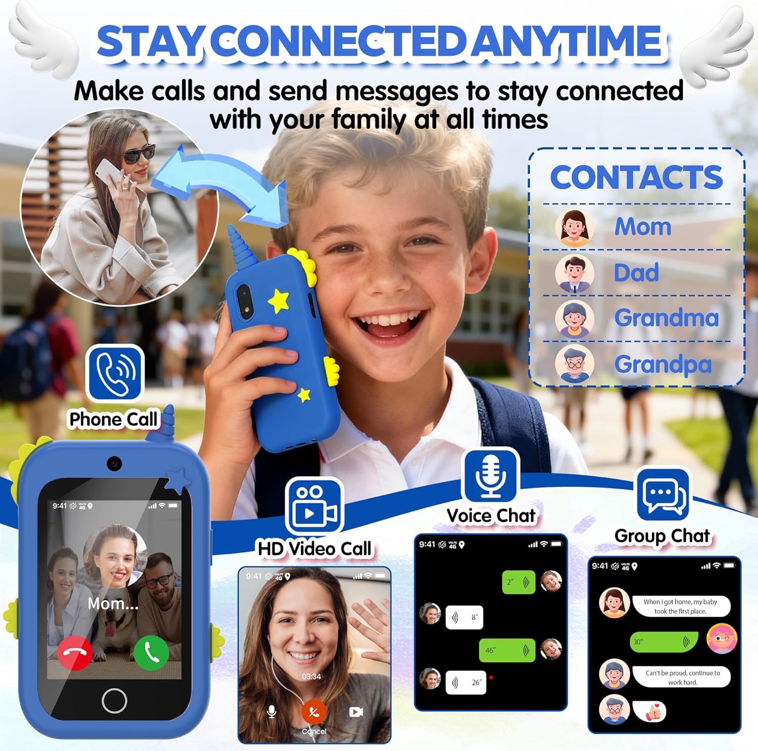 Thumbnail 2 de 4G Téléphone Portable pour Enfants avec GPS et Appels Vidéo – Bleu