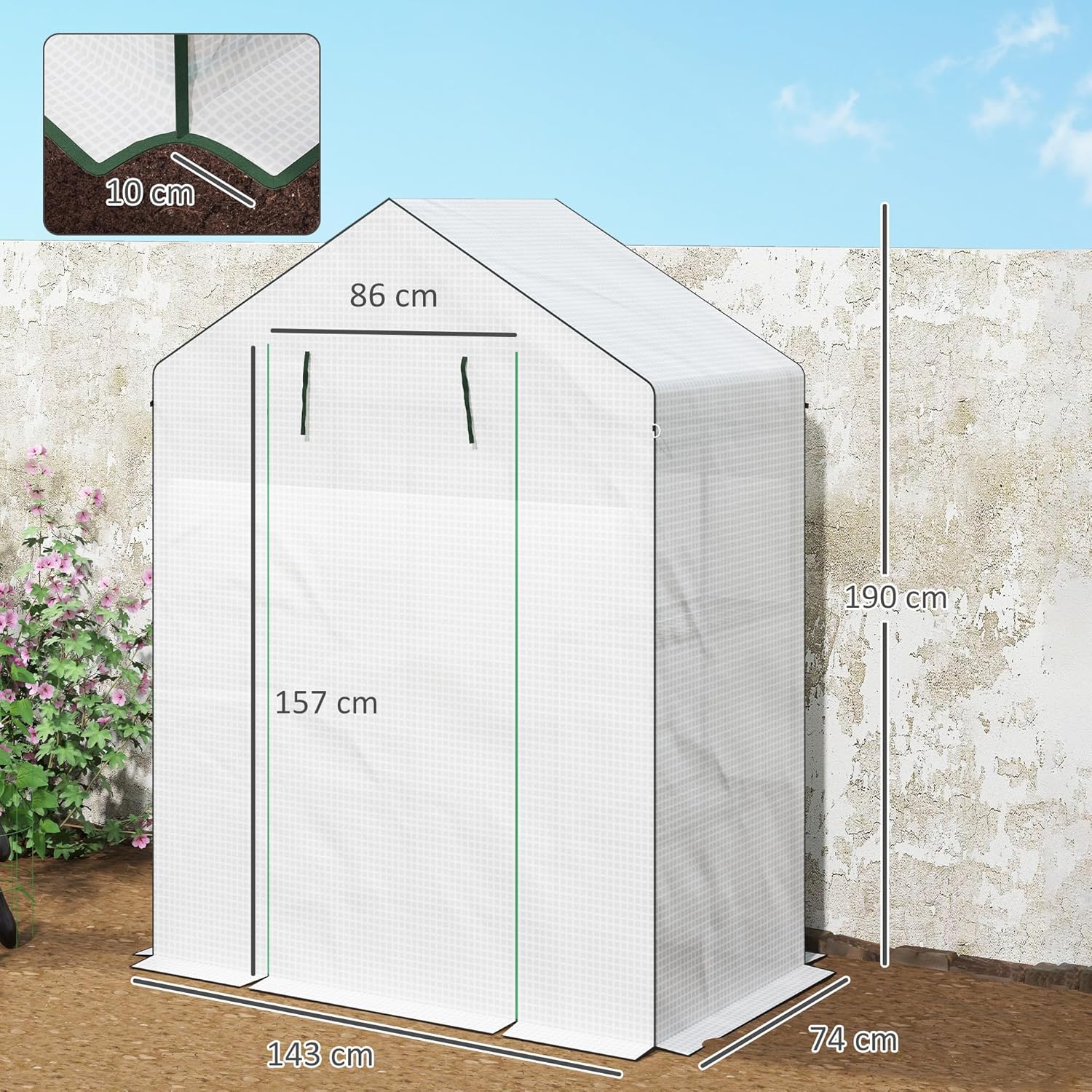 Thumbnail 6 de Outsunny Walk-in Greenhouse with Reinforced PE Cover, 3 Tier Shelves and Roll-up Door (143 x 74 x 190 cm)