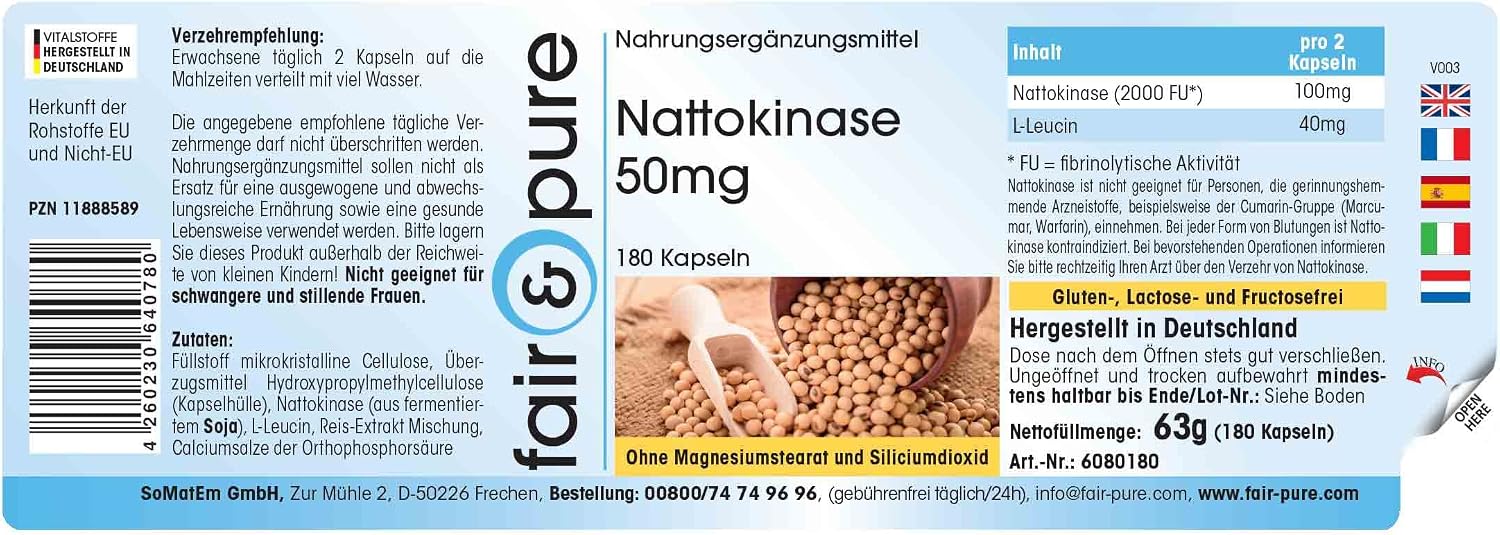 Detalle 2 de Fair & Pure Nattokinase 50 mg – 180 Kapseln, vegan, in Deutschland hergestellt