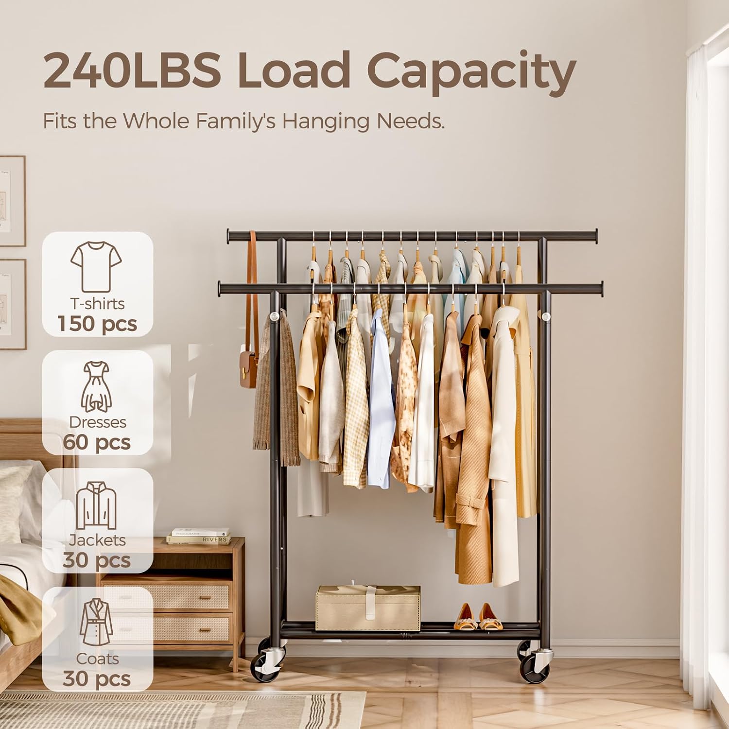 Detalle de HYSEYY HY-1324-Clothes Rack Double-Rod Rolling Garment Rack, Carbon Steel