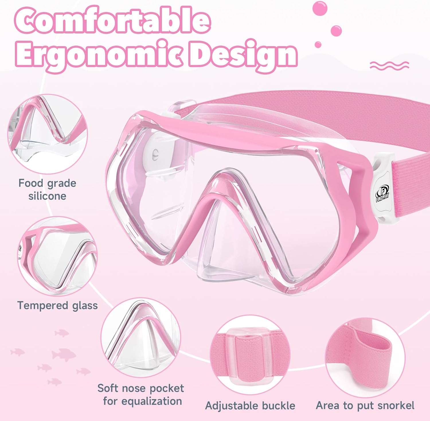Detalle 2 de Findway Kids Snorkel Mask with Elastic Fabric Strap (180° anti-fog, no-leak) for ages 4–16