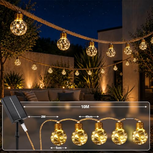 Detalle de Cnulenzt Solar Lichterkette Outdoor 20 Glühbirnen, 10 m, Hanfseil – dimmbar, Memory-Funktion, USB & Solar