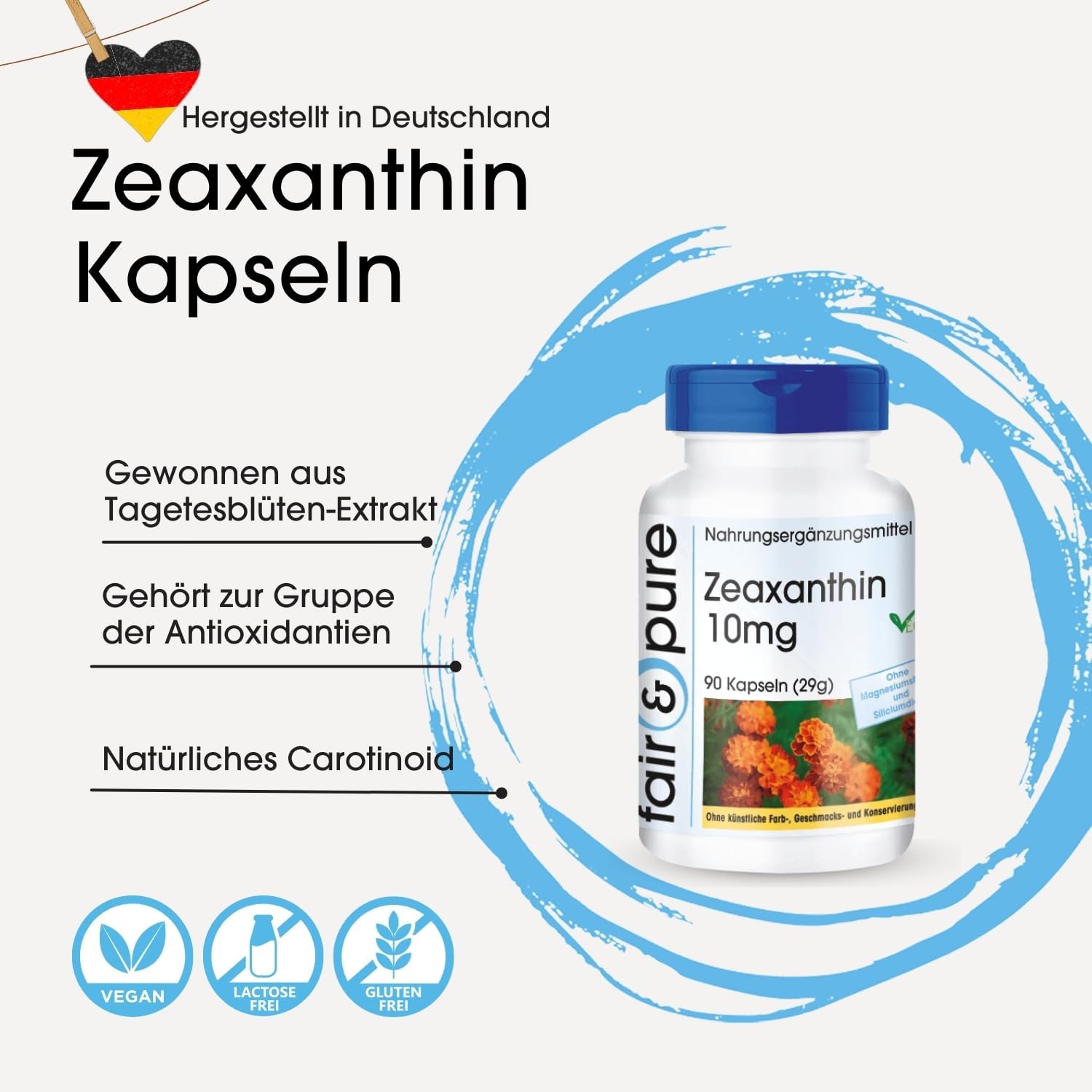 Detalle de Fair & Pure Zeaxanthin 10 mg – 90 Kapseln, schluckfreundlich, aus Tagetesblüten-Extrakt, vegan, hergestellt in Deutschland