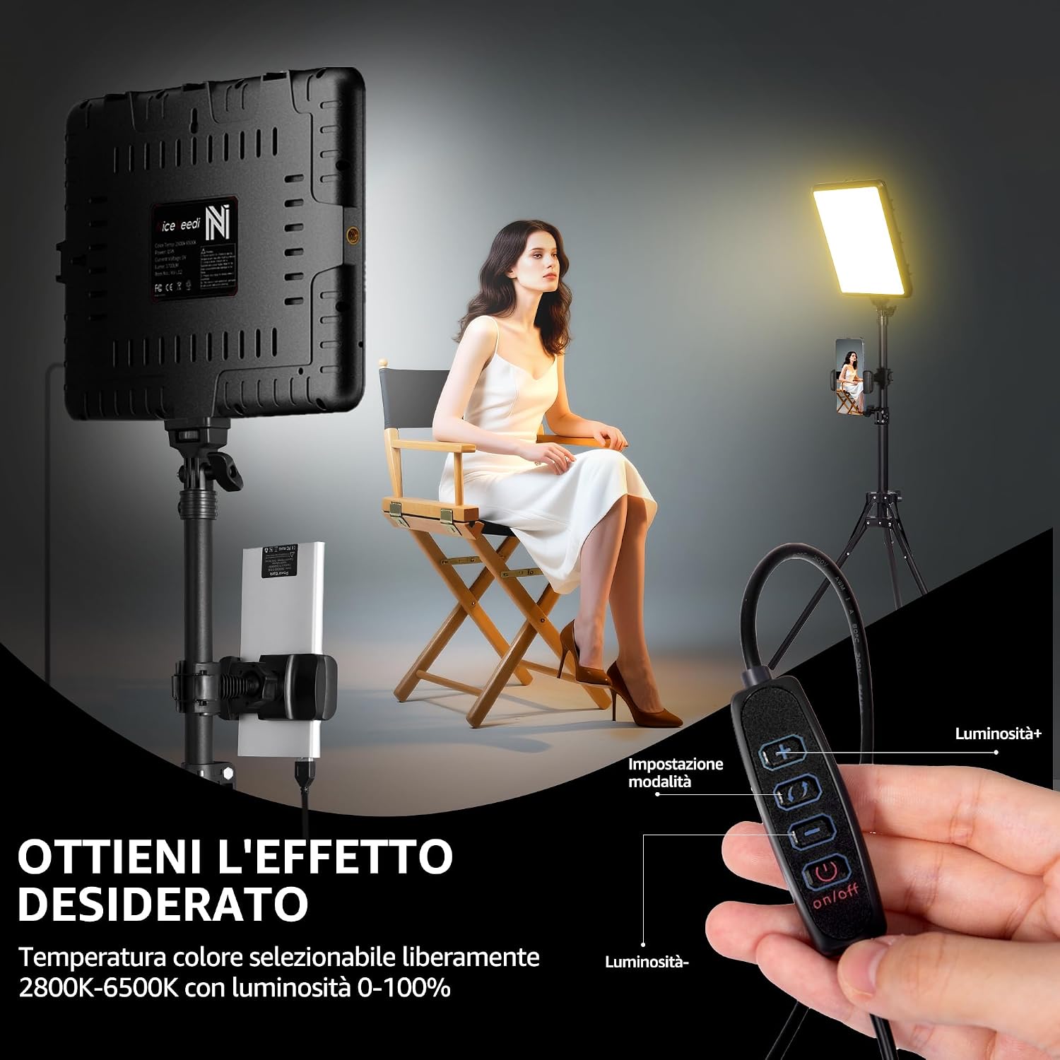 Thumbnail 1 de Kit di 2 Luci Video LED Dimmerabili 2800-6500K con Treppiede e Supporto Telefono – Luce da Studio 185,4 cm