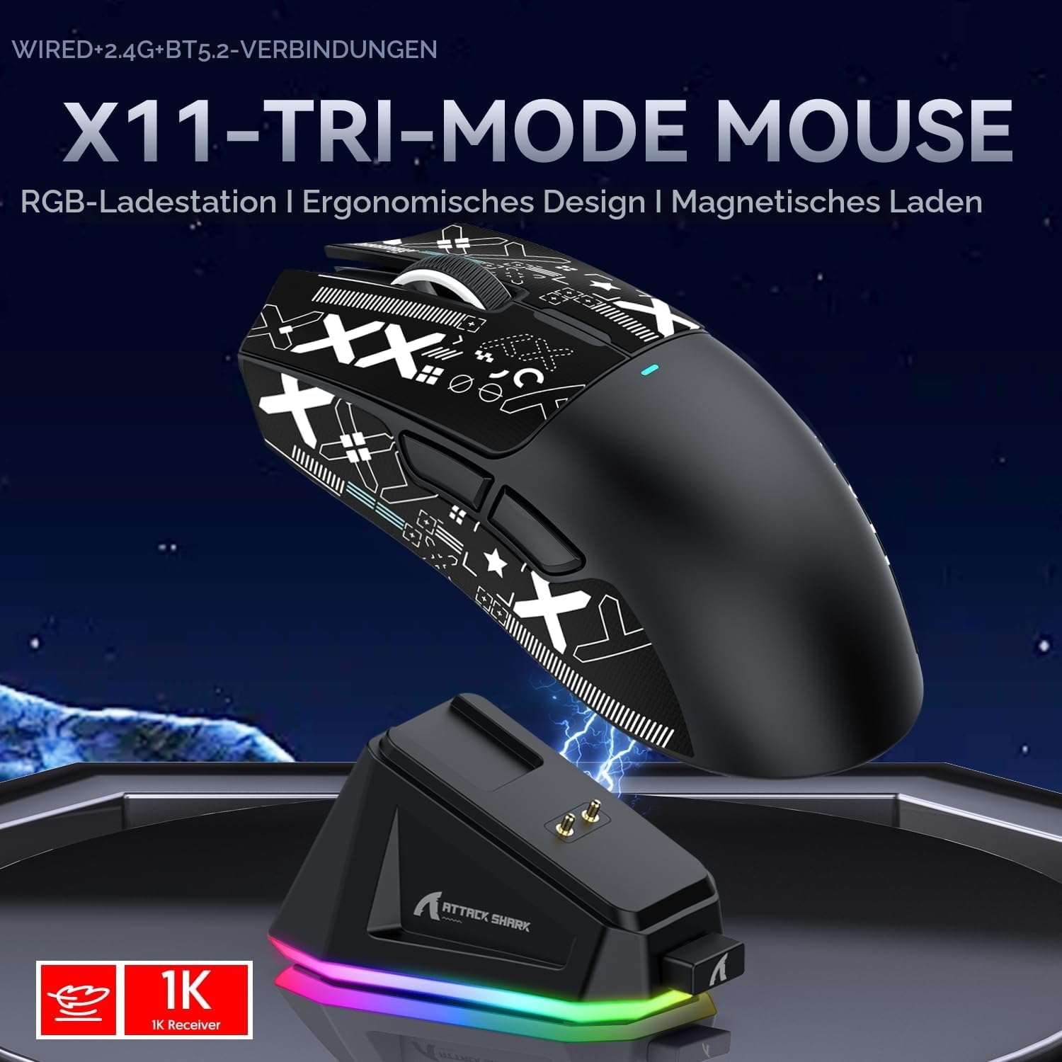 Detalle 2 de ATTACK SHARK X11 Gaming-Maus mit magnetischer Ladestation (PixArt PAW3311), 22.000 DPI, 3 Modi