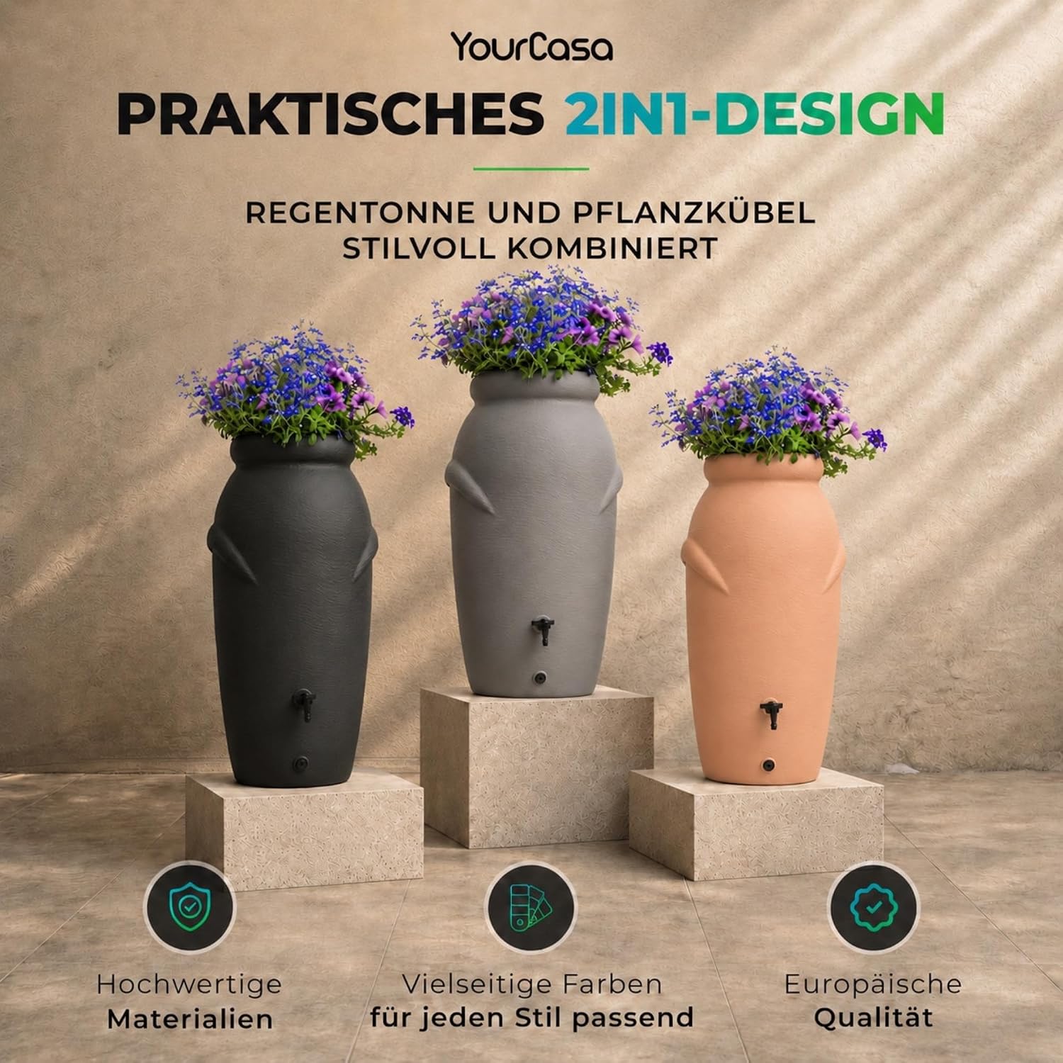 Detalle de YourCasa Regentonne 210 Liter im Amphore-Design – Frostsicheres Kunststoff-Regenfass mit Wasserhahn