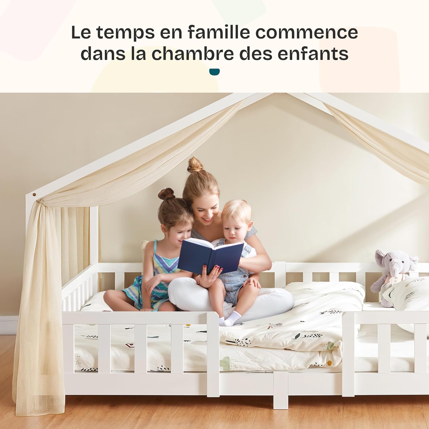 Thumbnail 4 de [en.casa] Lit d'enfant Design en Forme Maison avec Grille de Protection – Pin massif et contreplaqué, 200 x 90 cm, Blanc Mat