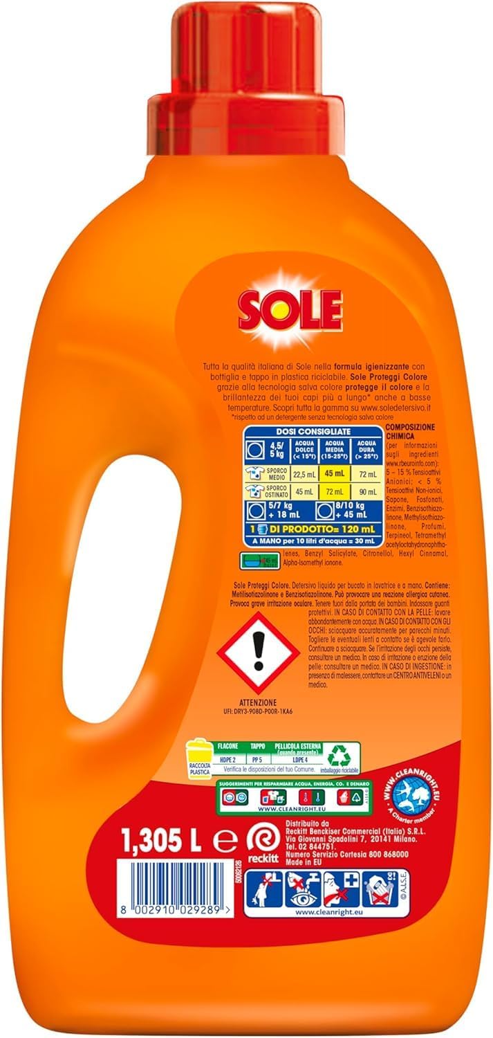 Detalle 2 de Sole Detersivo Lavatrice Liquido Proteggi Colore 290 Lavaggi – confezione multipack con olio di argan