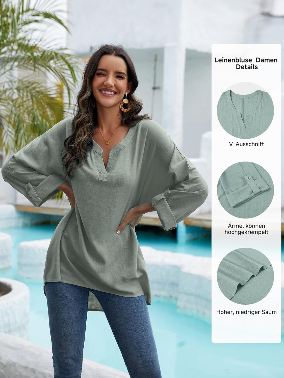 Thumbnail 2 de Tincini Leinenbluse Damen Musselin Bluse aus 60% Leinen + 40% Rayon – lange Tunika mit V-Ausschnitt
