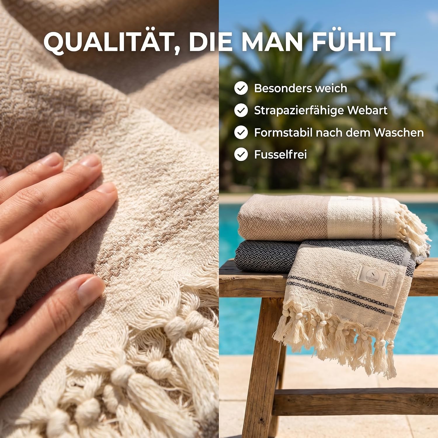 Detalle de SIEGENTHAL Hamamtuch – Leichtes Strandtuch & Saunatuch aus recycelter Baumwolle, 90 × 200 cm, Schwarz