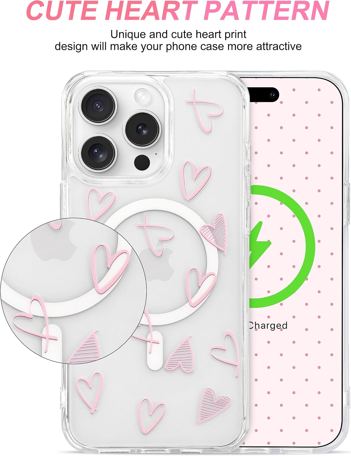 Detalle de Jusy Magnetic Heart Case for iPhone 14 Pro Max, Pink TPU, MagSafe-Compatible