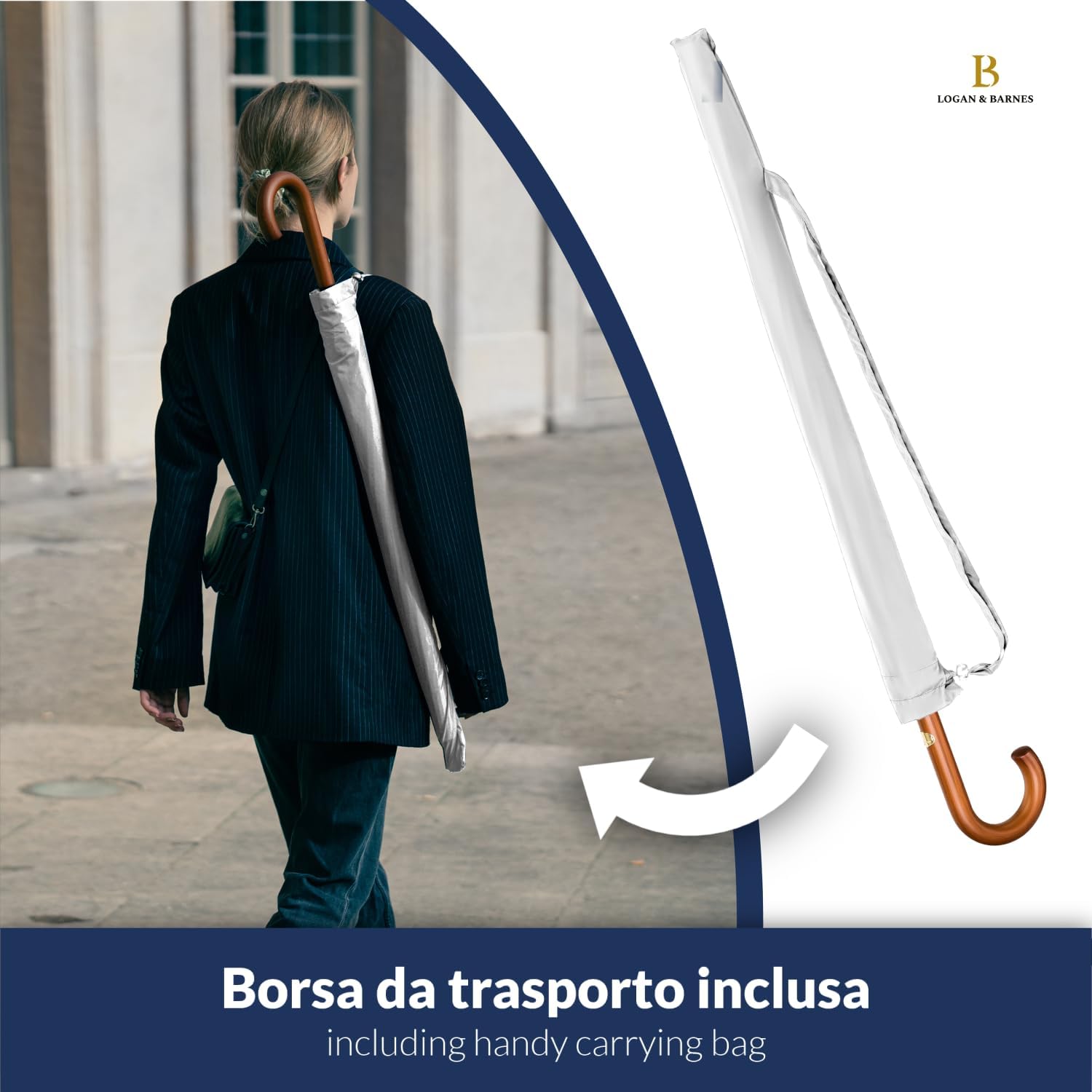 Detalle de LOGAN & BARNES Ombrello antivento Ø120 cm Edimburgo – XXL per due persone, impugnatura in legno e punta in gomma