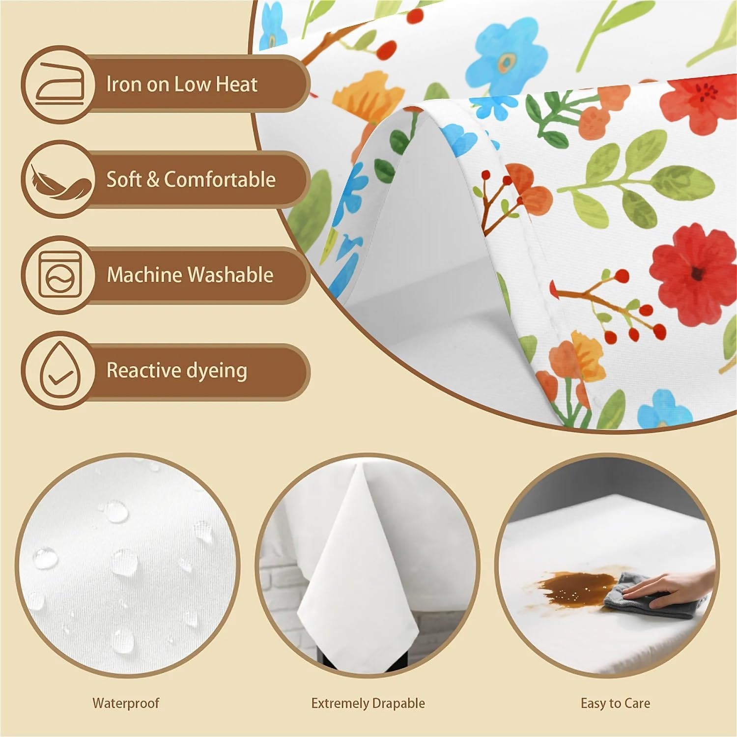 Detalle de artslion Rectangle Waterproof 60x84in Wipeable Table Cover – Non-PVC Fabric with Red and Blue Floral Design