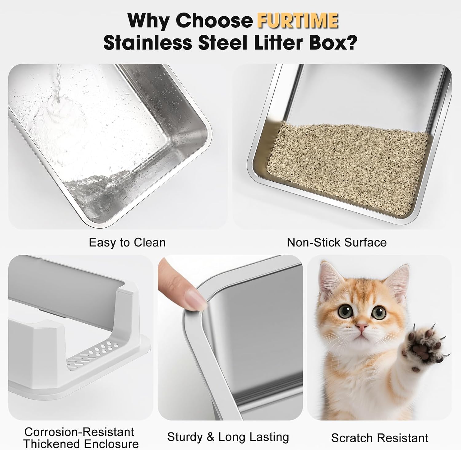 Thumbnail 6 de FURTIME CLB-SG-XL Stainless Steel Cat Litter Box, Large, High-Sided with Scoop & Mat